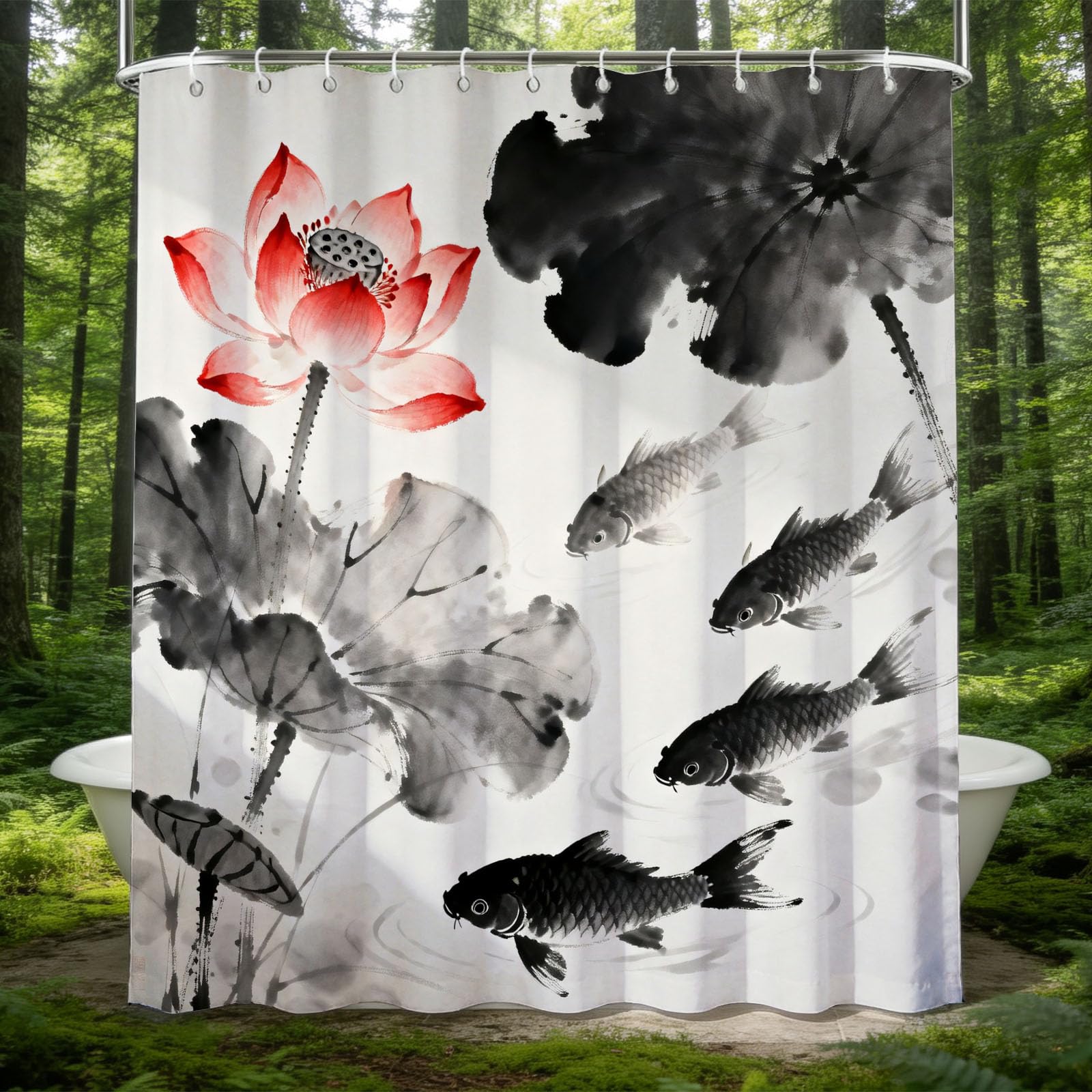 Hongduo 3D Lotus Koi Shower Curtain for Stalls Bathtubs Chinese Painting Bathroom Decor Shower Curtain Set Polyester Fabric Waterproof 180x180cm/71X71 Inch with Hooks