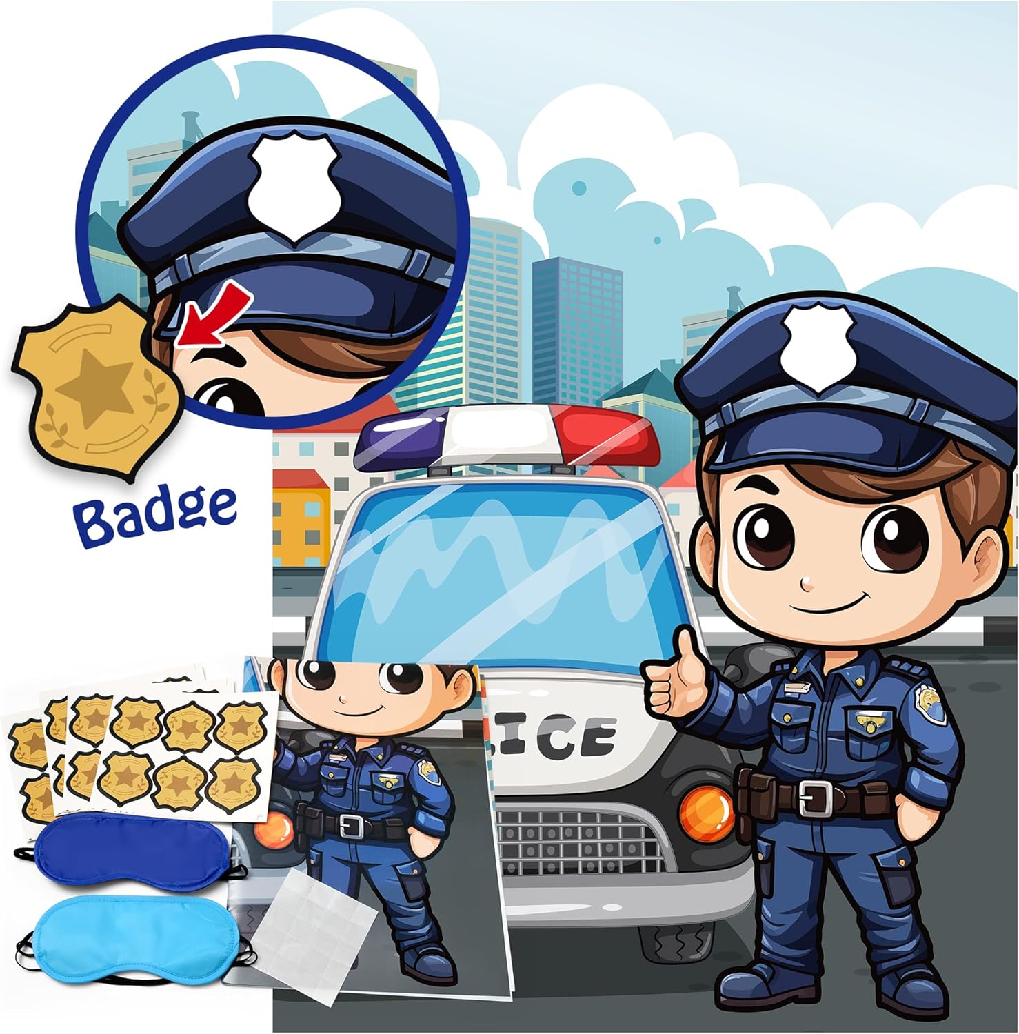 Pin the Badge On the Policeman Party Game Large Cartoon Police Car Sheriff Poster with 24Pcs Badge Stickers Blindfolds Detective Officer Cop Themed Birthday Party Activity Decorations Supplies