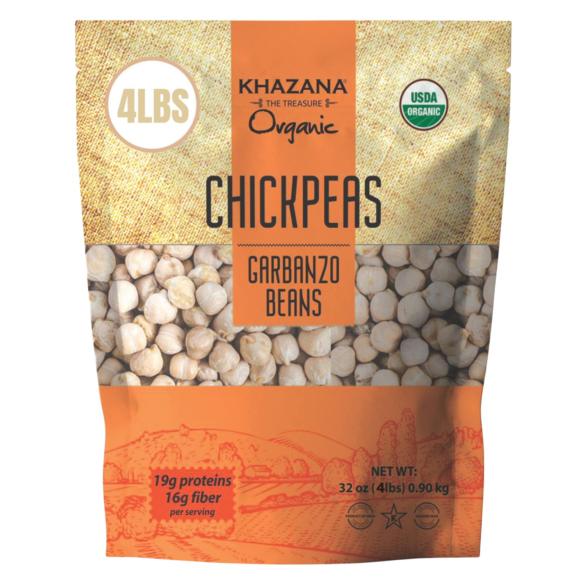 Khazana Organic Chickpeas 4lb - Garbanzo Beans | Non-GMO, Gluten Free & Kosher | Authentic Lentils From IndiaUSDA Organic