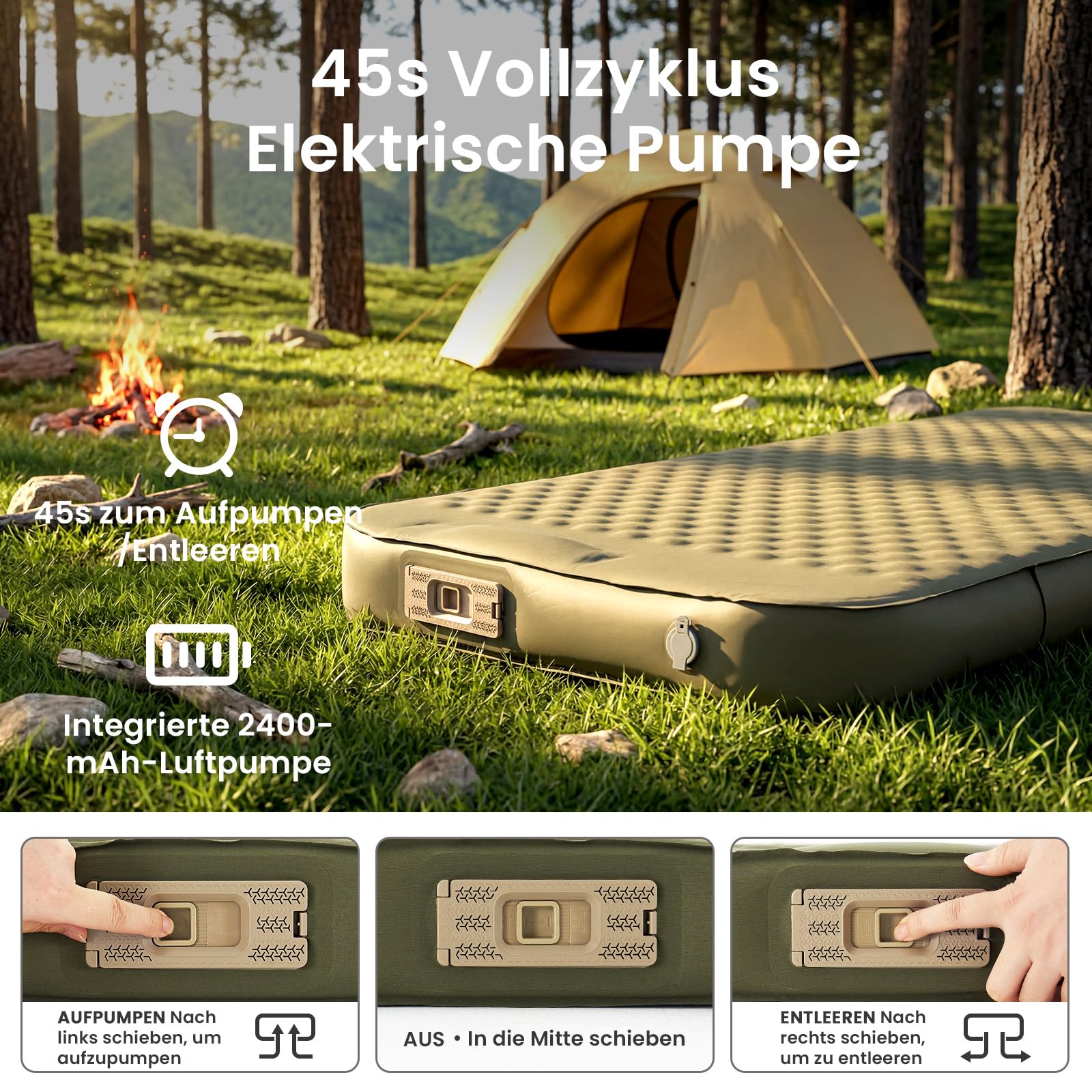 Ytaoeo Camping Isomatte Selbstaufblasend 10CM Dicke Memory-Schaum Isomatte Elektrische aufblasbare Schlafmatte 9,5 R-Wert Luftmatratze für Outdoor, Zelt, Wandern, Auto (Armeegrün, 70x200cm)