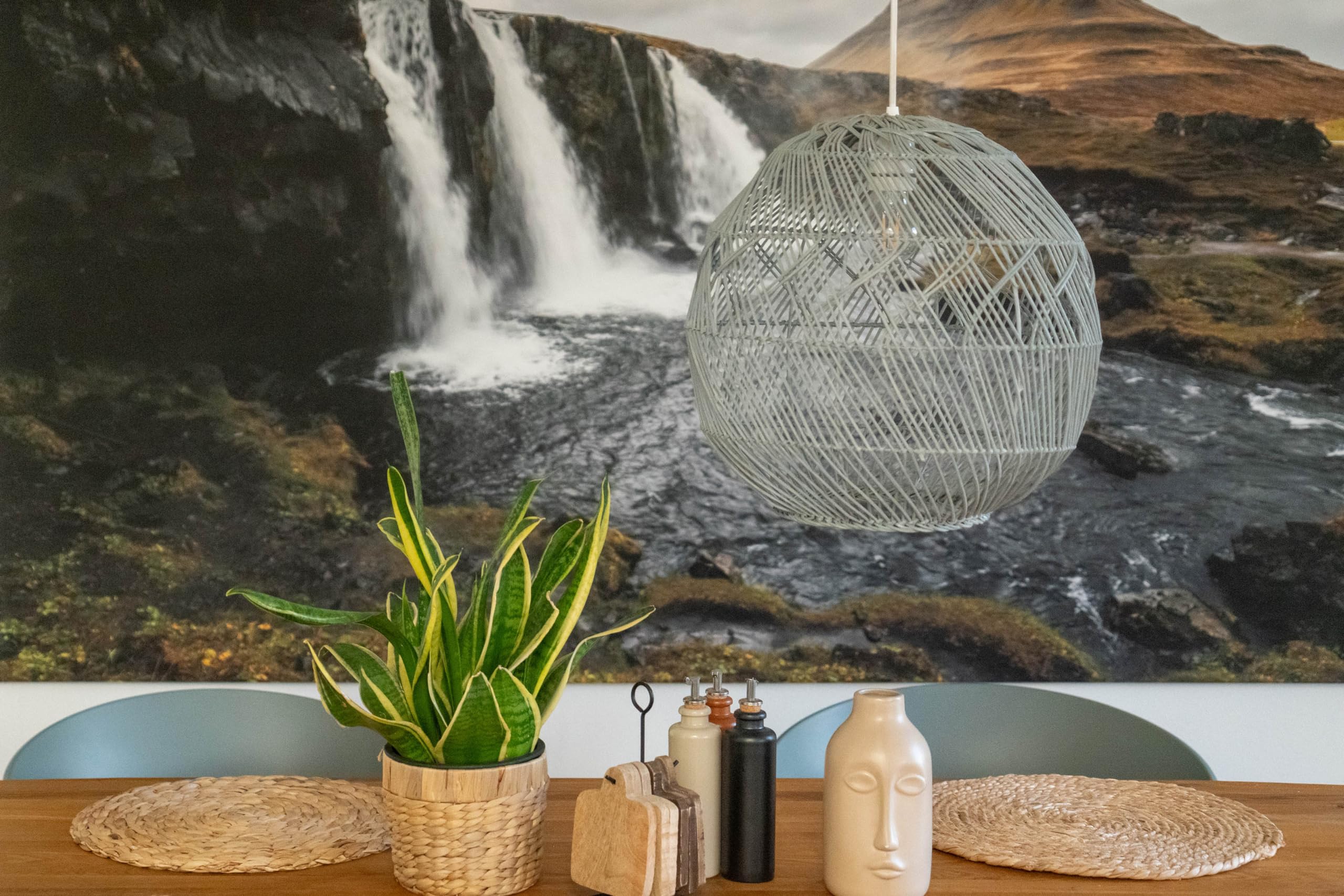 Decorasian Boho Lampenschirm aus Rattan – Korb Lampenschirm für Hängelampe mit E27 Lampenfassung – Rattan Pendelleuchte - grau