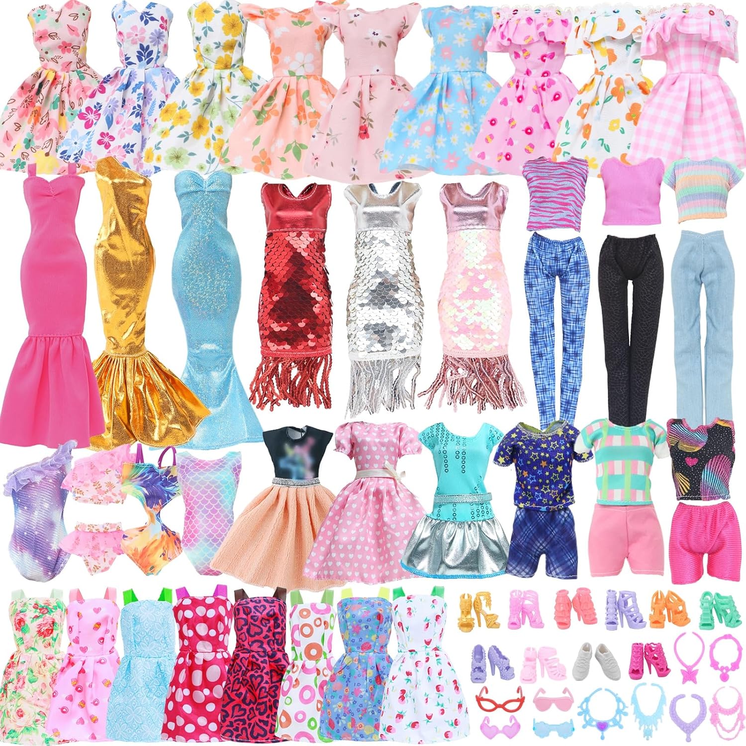 34Pcs Fashion Doll Clothes Sets for 11.5 inch Girl Doll Including 4 Casual Dresses 5 Daily Slip Dresses 2 Tops and Pants Outfits 1 Sequins Dress 1 Party Dress 1 Swimsuit with 10 Shoes & 10 Accessories