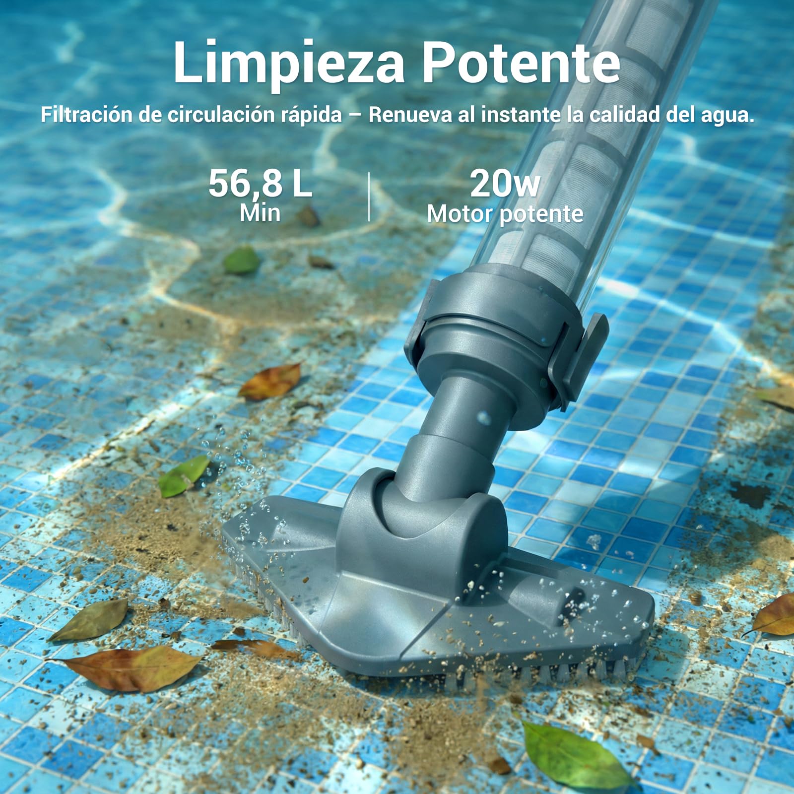 Aspirador de Piscina Inalámbrico 2 en 1, Limpiafondos Piscina Recargable con 60 Min de Autonomía, Succión de 32 L/min, Ideal para Piscinas Desmontables, Piscinas Elevadas, SPA e Hidromasaje