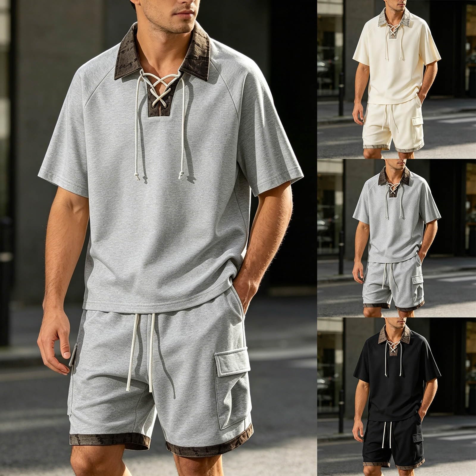 Tuta da jogging da uomo, 2 pezzi, casual, estiva, con polo, pantaloncini, con coulisse, risvolto, tuta da allenamento, per attività all'aperto, tempo libero, abbigliamento sportivo