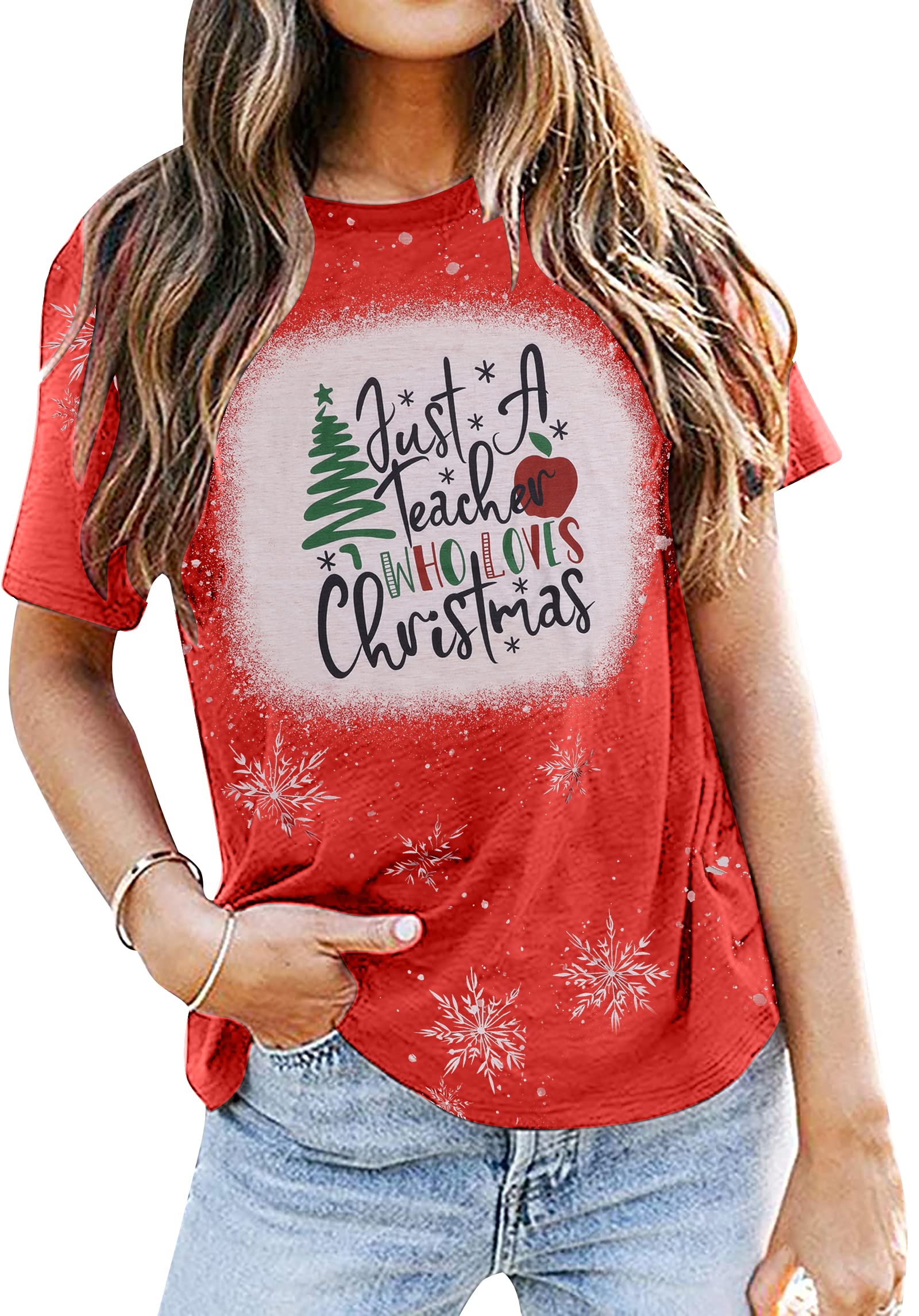 UNIQUEONE Just A Girl Who Loves Christmas Tshirt Women Xmas Tree Short Sleeve Shirt Casual Graphic Print Tee Top