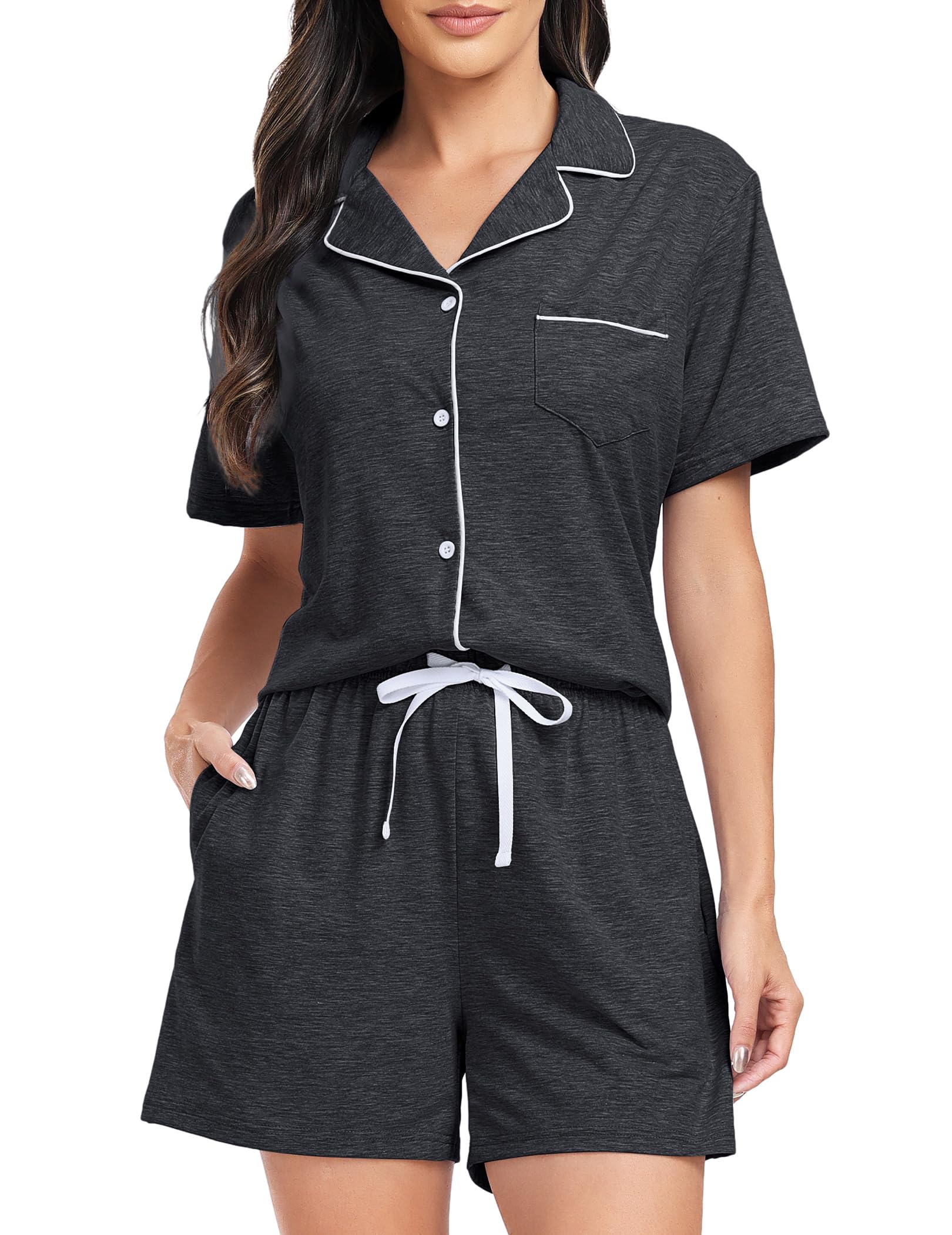 Lovasy Schlafanzug Damen Baumwolle Kurz Pyjama Set Kurzarm Schlafanzüge für Damen mit Knöpfen und Taschen