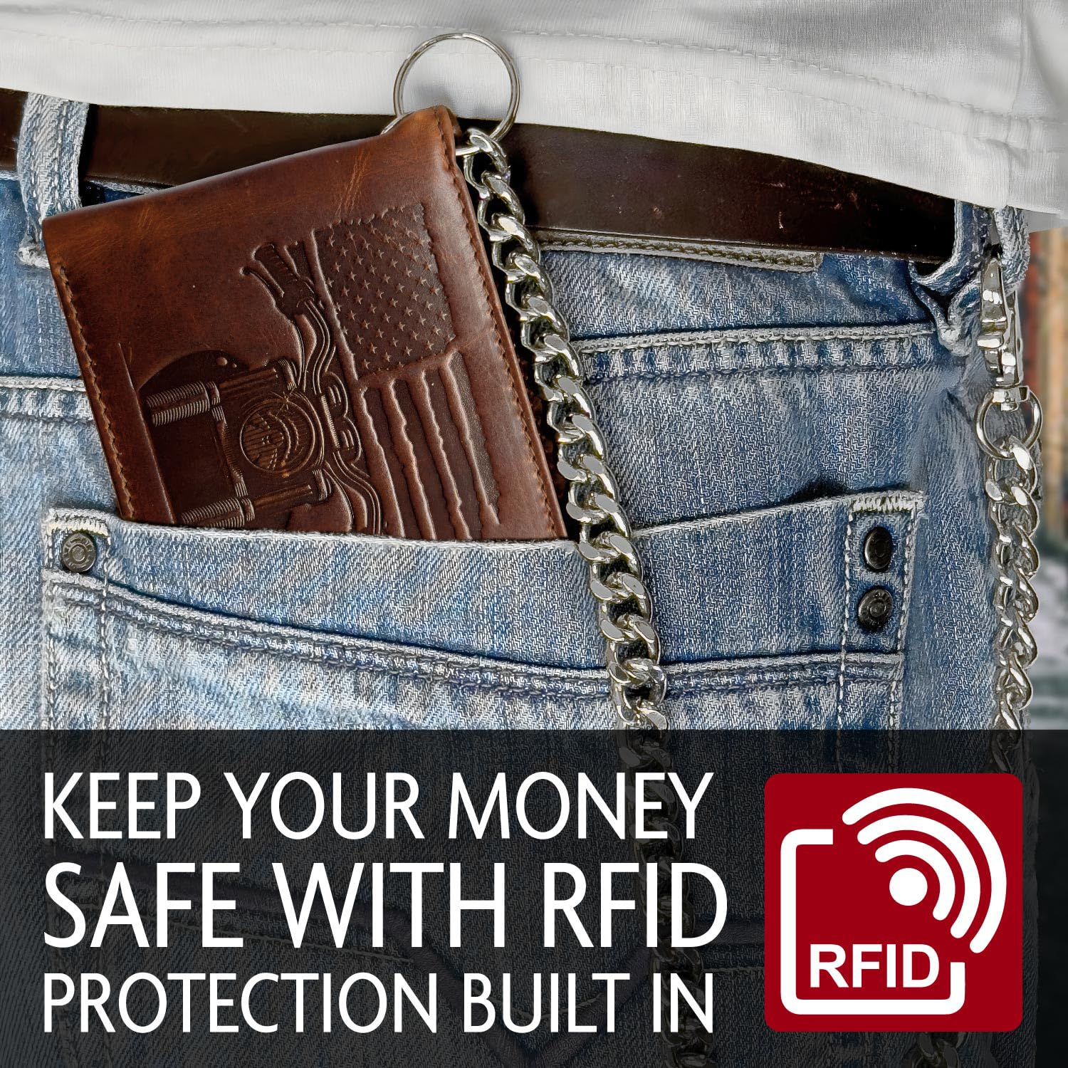 MID WEST RANGE - Cartera plegable patriótica con cadena para hombre, cuero marrón envejecido, bloqueo RFID, con 10 ranuras para tarjetas, soporte de identificación abatible, bandera estadounidense y