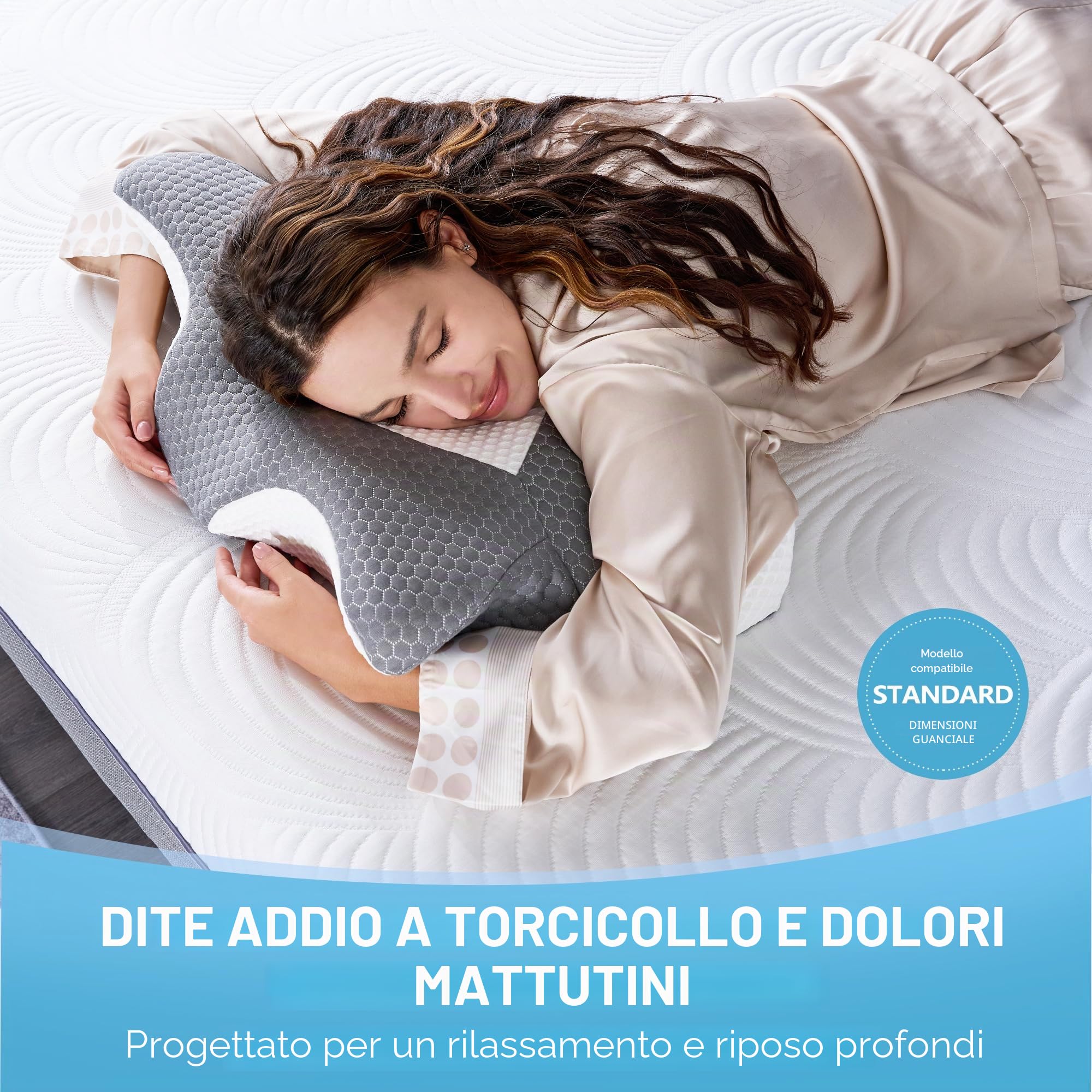 Elviros Cuscino in Memory Foam Ortopedico Cervicale per Dolore al Collo Cuscino Ergonomico per Dolore alla Spalla Cuscino di Sostegno del Collo, Bianco, 64 x 12.5/10.5 x 38 cm