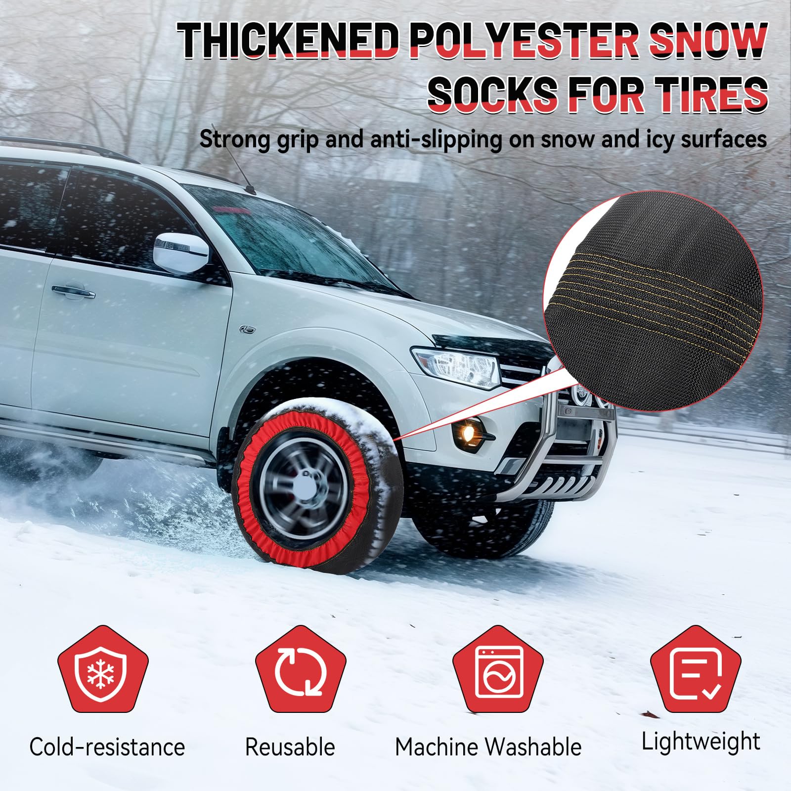 Calcetines de nieve para neumáticos de coche, tela gruesa, cadena de nieve, antideslizante, cubierta de rueda de tracción de invierno con guantes y funda de transporte para coches, SUV, camiones (4)