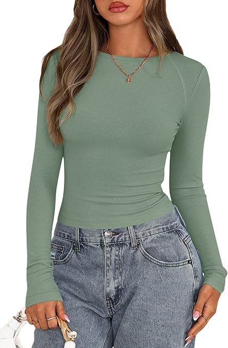 PRETTYGARDEN Long Sleeve Shirts for Women 2025 Fall Going Out Tops Casual Ribbed Knit Slim Fitted Basic Tees Y2K Clothes