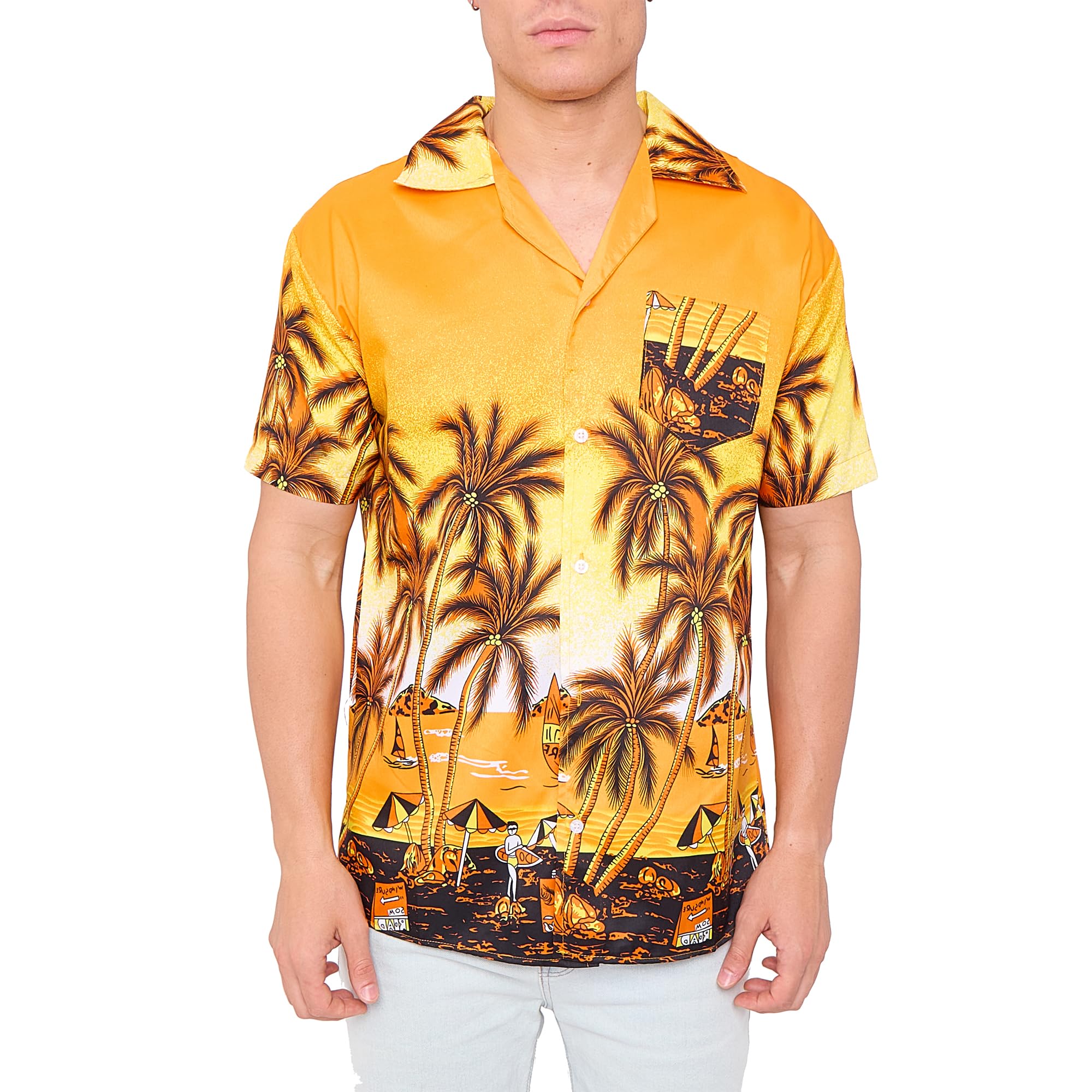 LABEL APPAREL Mens Hawaiian Shirt Palm Stag Beach Hawaii Aloha Party Summer Holiday Top Buttoned Orange