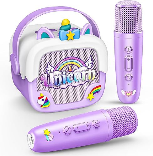 Mini máquina de karaoke para niñas: altavoces Bluetooth portátiles de unicornio con 2 micrófonos inalámbricos, juguetes para niñas de 4 a 9 años,