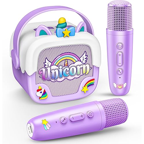 Mini Karaoke Machine for Kids Girls: Unicorn Portable Bluetooth Speakers With 2 Wireless Mic Toys for Girls age 4-6 7 8 9 Years Old Girl Christmas Birthday Gifts for 5 6 7 8 9 10 11 Years Teens Purple