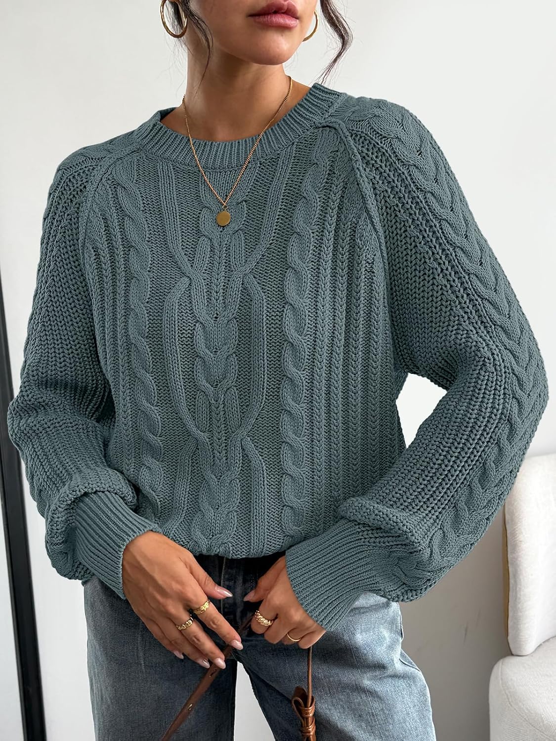 Trendy Queen Women's Oversized Cable Knit Crewneck Fall Pullover Sweaters - Image 2