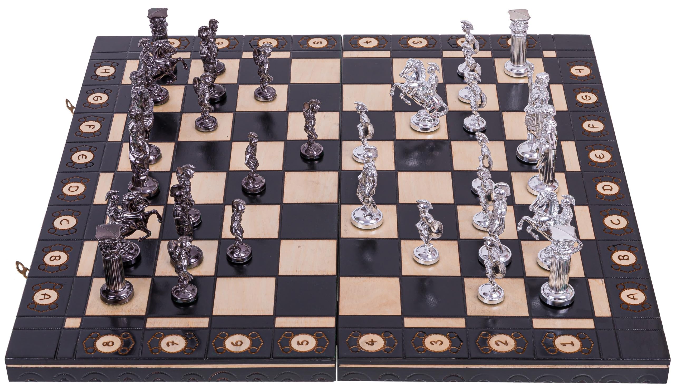 Square - Scacchi ROMANO SILVER - Scacchiera in Legno - 52 x 52 cm & Pezzi degli scacchi metallizzati