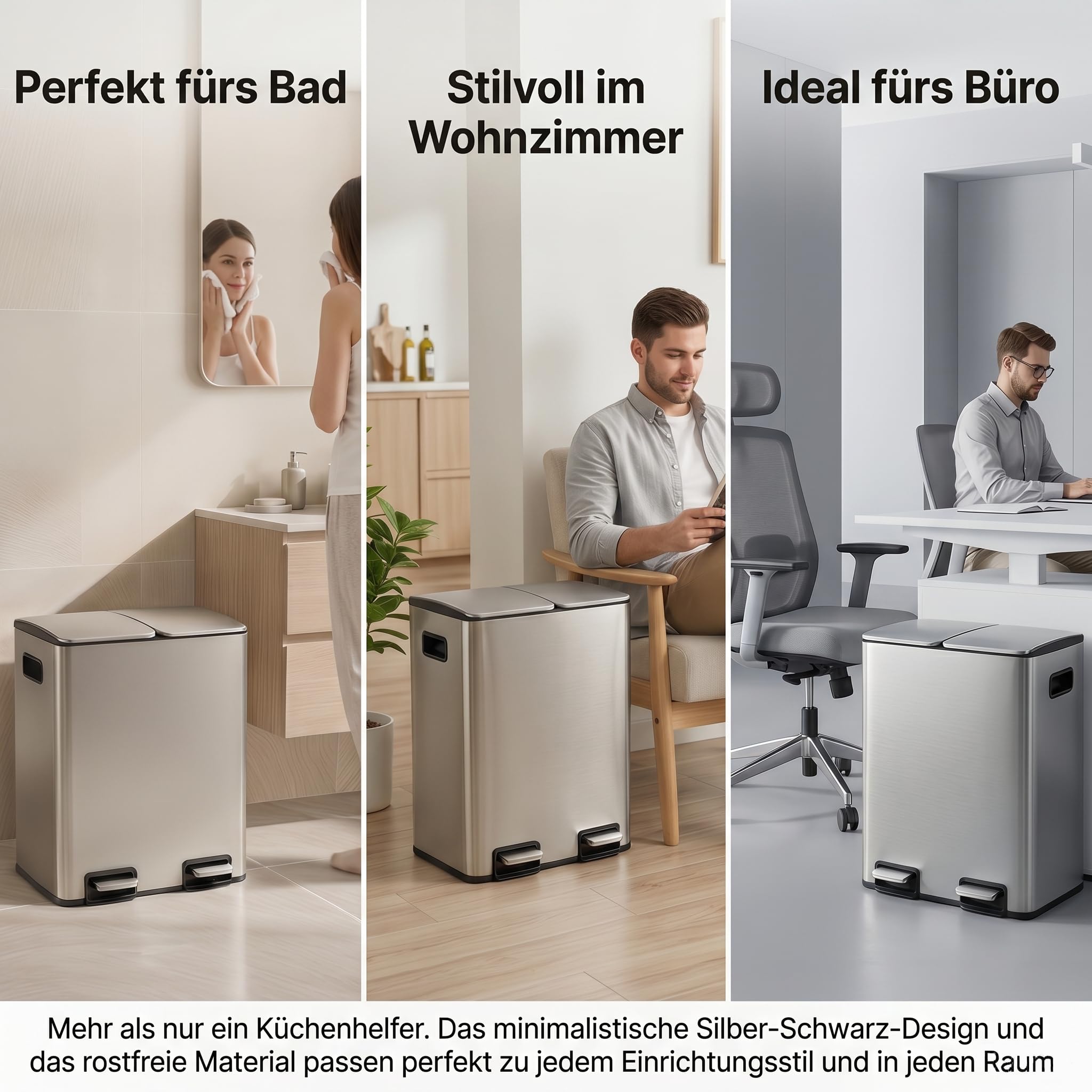 Mülleimer Küche 2 x 19 L(38L), Edelstahl Treteimer mit Deckel, Mülltrennsystem 2 Fächer, Abfalleimer mit Softclose, Fingerabdruckresistent, Pedaleimer mit Inneneimer für Küche Haushalt