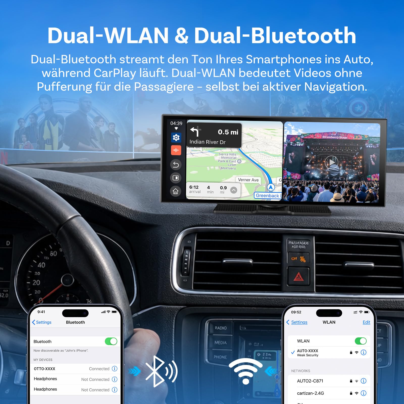 OTTOCAST ScreenFlow, Carplay Display mit YouTube, 11,4 Zoll Carplay Android Auto car Multimedia Player mit 1080P Rückfahrkamera 1920×720P Touch Screen 2.4G/5G WLAN Bluetooth for iOS 8+ Android 11+