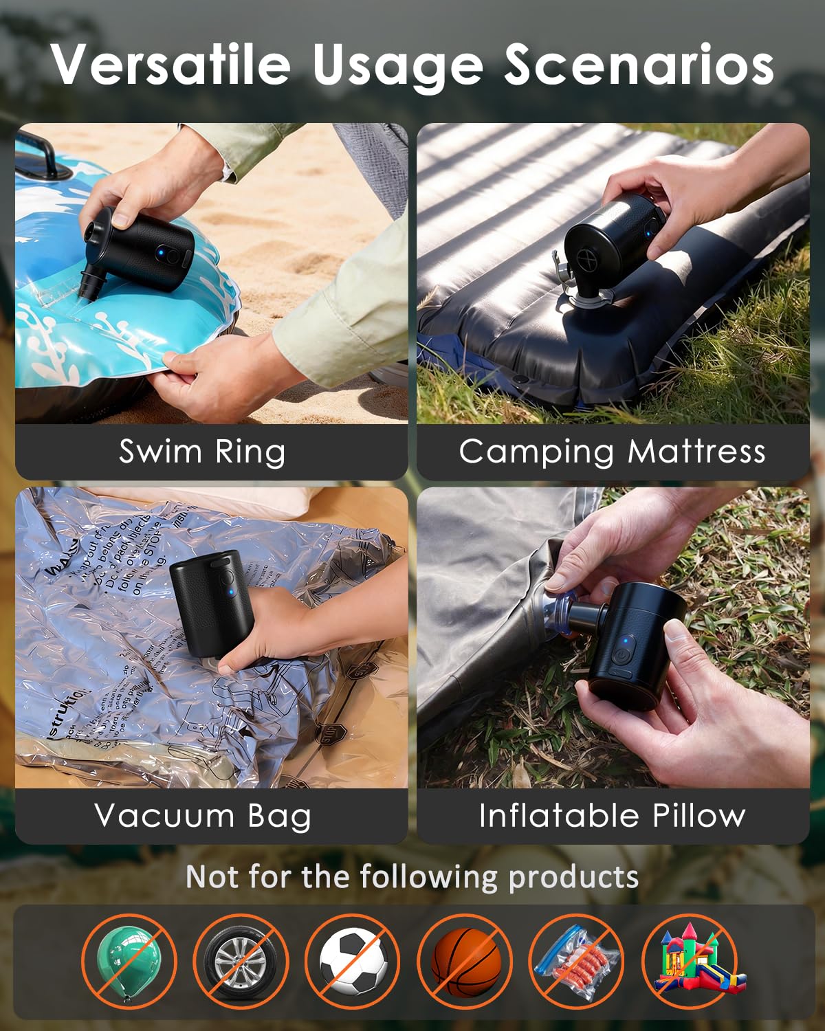 Mojimdo 2 en 1 Mini Bomba De Aire Eléctrica Batería 4000 mAh – Portátil, 5000 Pa, 450 L/Min, Inflar Y Aspirar, 4 Boquillas para Colchón Inflable, Bote Hinchable, Camping, Piscina Y Bolsas De Vacío