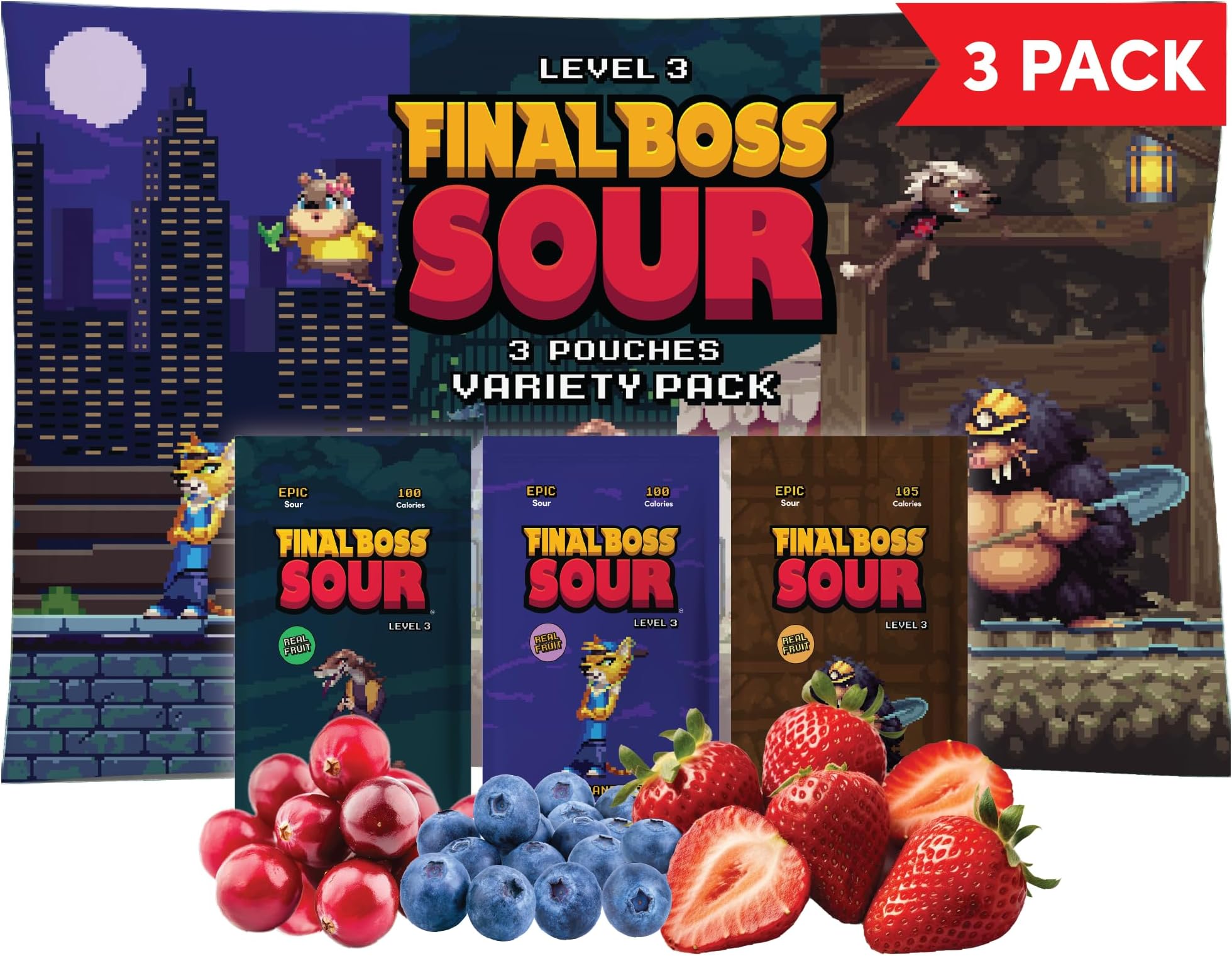 Final Boss Sour Candy, Variety Minipacks, 3 Pack, Level 3, Extreme Sour Fruit Chews with Real Dried Fruit, No Artificial Colors or Flavors, Low Calorie Snack for Kids, Teens, Adults