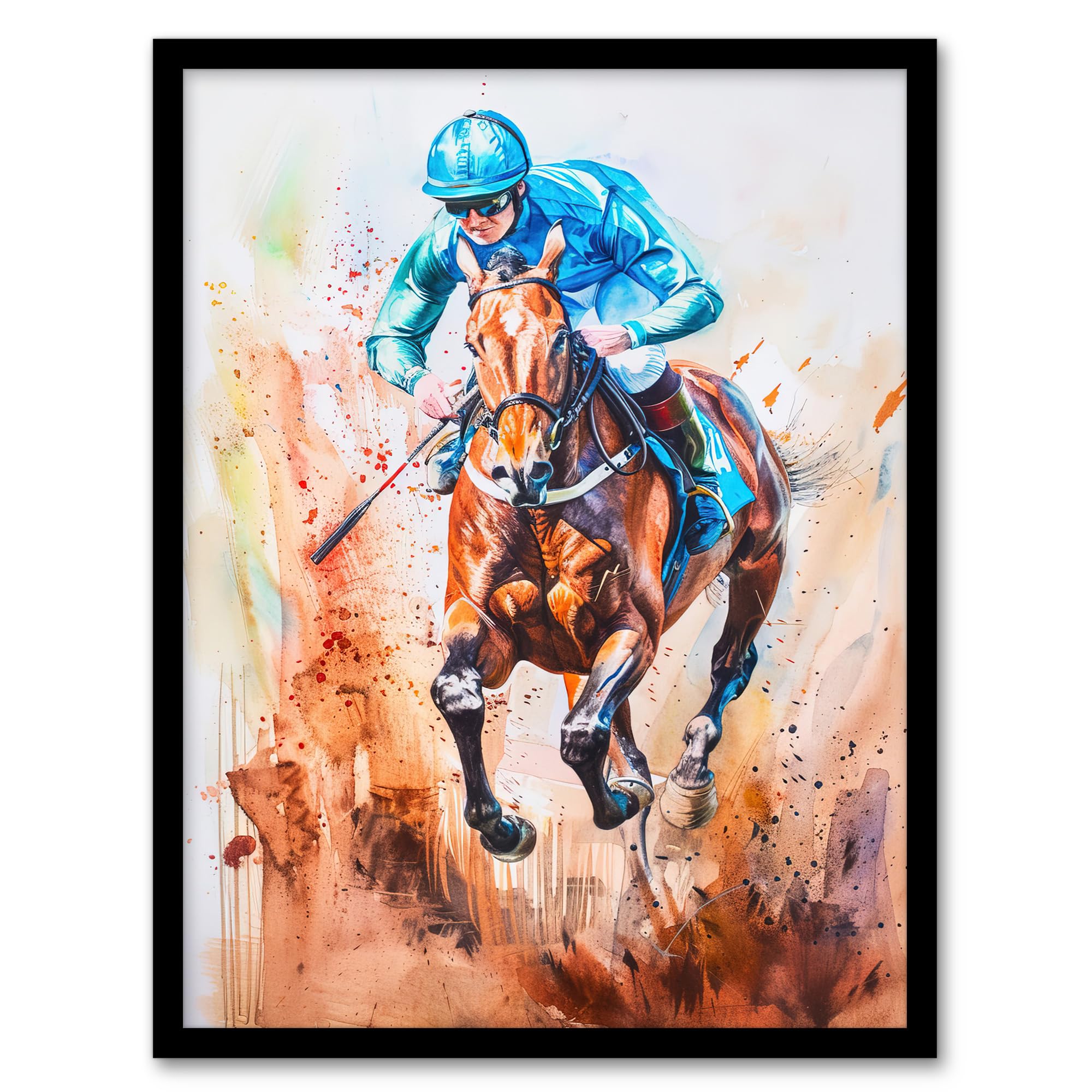 Artery8 Jockey Horse Racing Ascot Derby Watercolour Living Room Artwork Framed Wall Art Print A4