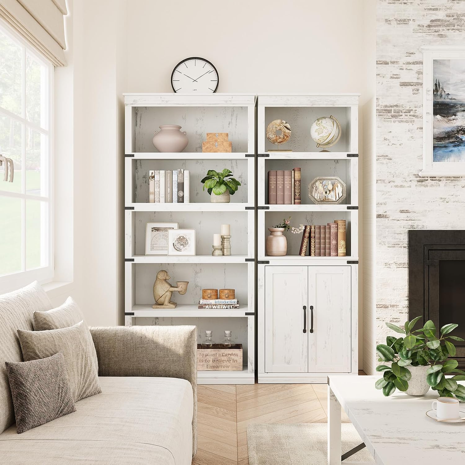 GAOMON Farmhouse Bookcases with Doors, 5 Tier Bookshelf with Storage, 70 inch Tall Bookshelf and Bookcase, Wooden Storage Cabinet for Living Room, Home, Office, Bedroom (White)