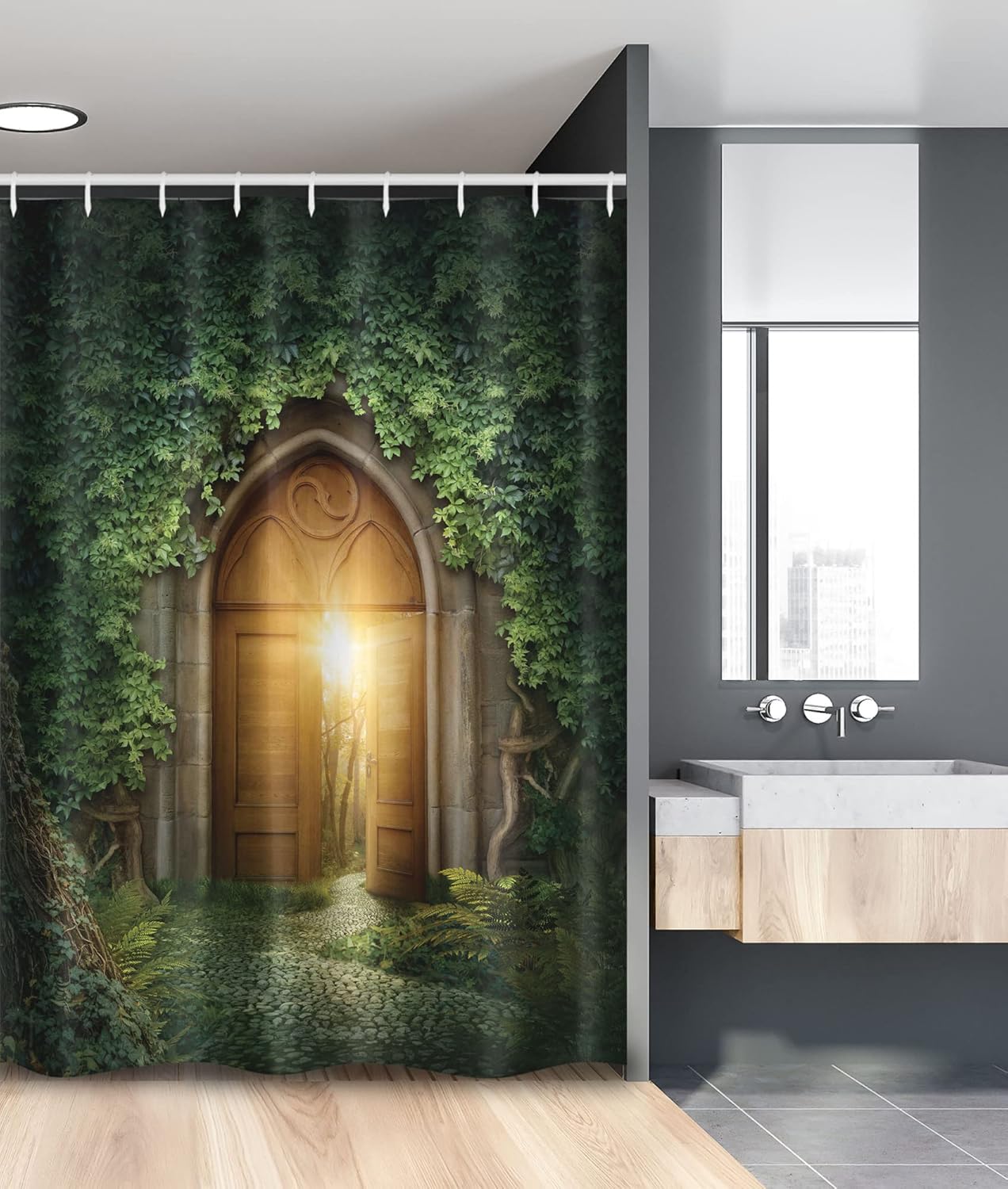 Ambesonne Fantasy Stall Shower Curtain, Sunbeams Through The Mysterious Half Opened Wooden Entrance with Greenery, Fabric Bathroom Decor Set with Hooks, 54" W x 78" L, Green and Brown