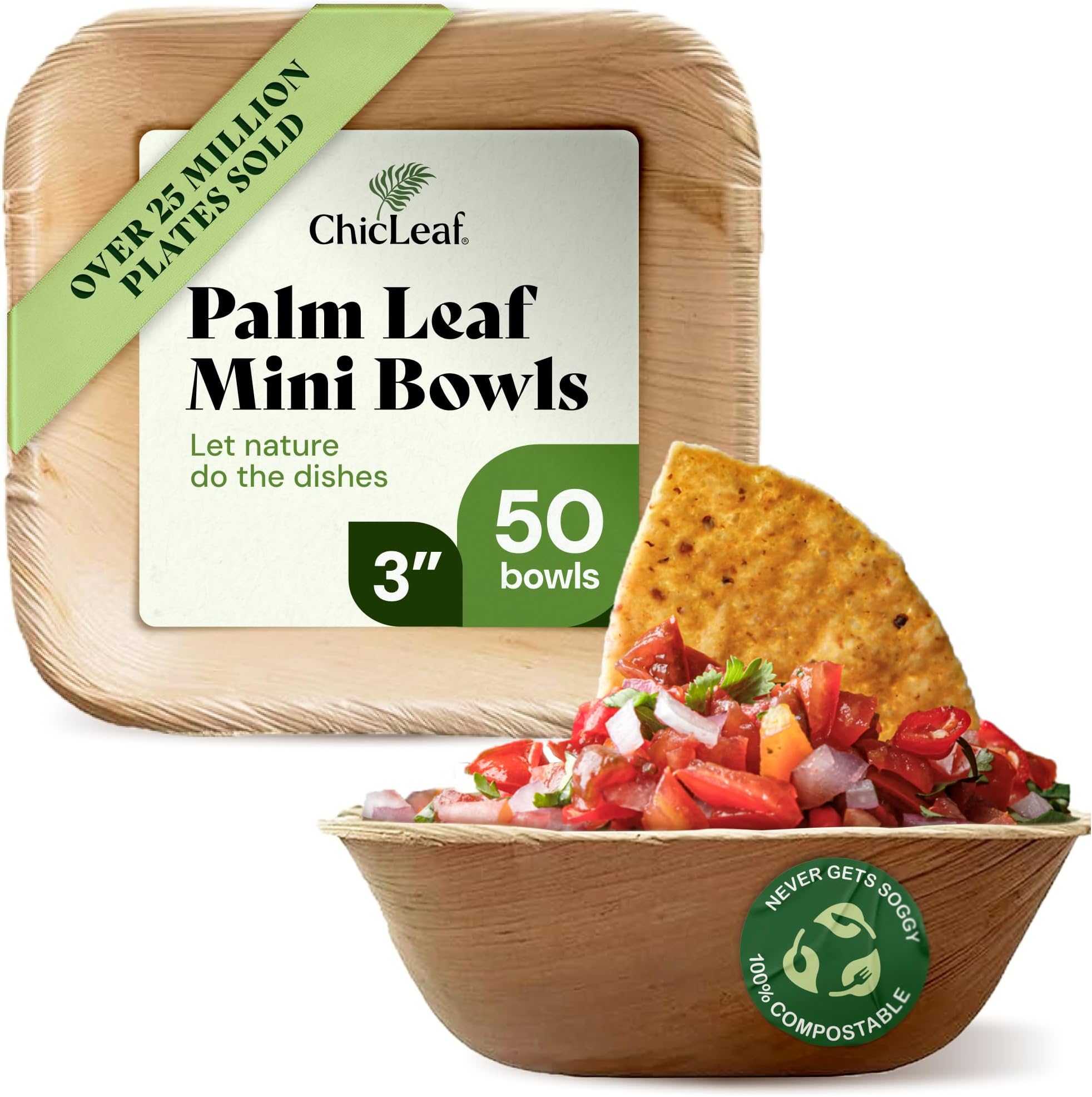 Chic Leaf Palm Leaf Disposable Bamboo Bowls - 3" Square, Pack of 50, Natural - Biodegradable & Compostable Mini Palm Plates - Dipping Cups & Charcuterie Disposable Bowls