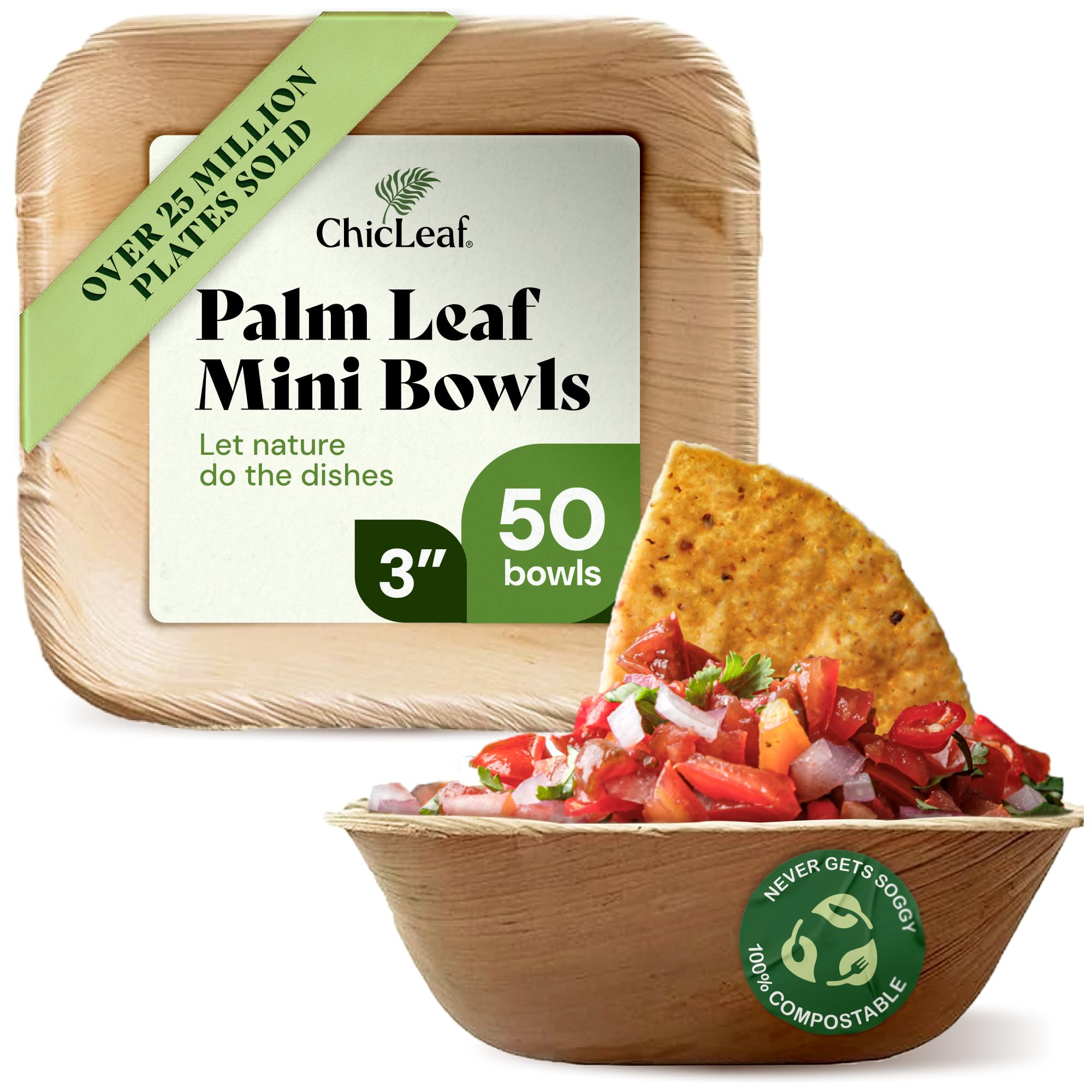 Chic Leaf Palm Leaf Disposable Bamboo Bowls - 3" Square, Pack of 50, Natural - Biodegradable & Compostable Mini Palm Plates - Dipping Cups & Charcuterie Disposable Bowls