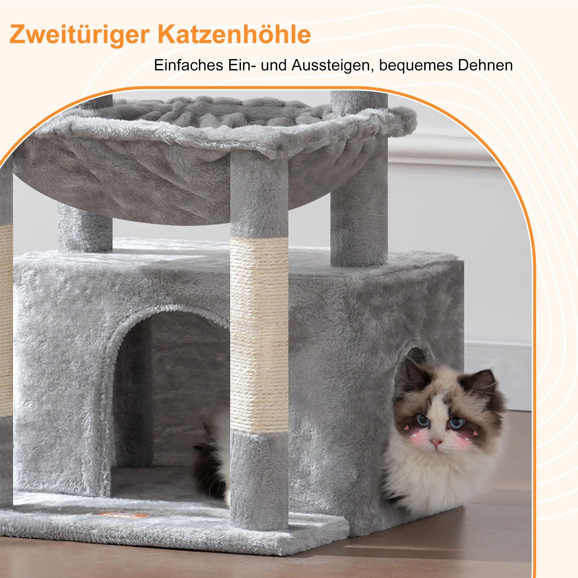 Heybly Kratzbaum, Katzenbaum mit Extra Großem, Weichem Katzenkorb, Katzenkratzbaum mit Geräumigem Katzenbett und Verstecktem Schlafplatz, Robusten Sisal-Kratzsäulen, Hellgrau HCT008SW