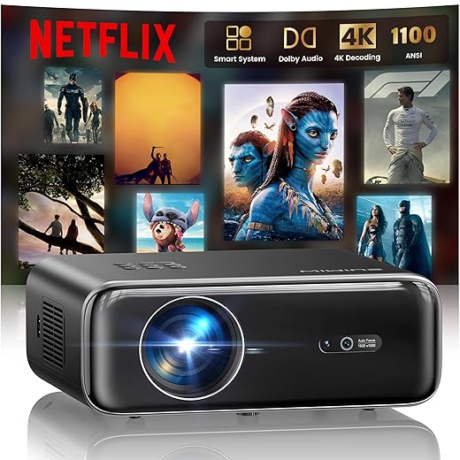 【Netflix Officially/Dolby Audio】4K Projector,1100ANSI Smart FHD 1080P Portable Projector,HDR10 Short Throw Auto Focus/Keystone WiFi6 Bluetooth 50% Zoom Home Cinema Projectors for Bedroom,Outdoor,Gifts