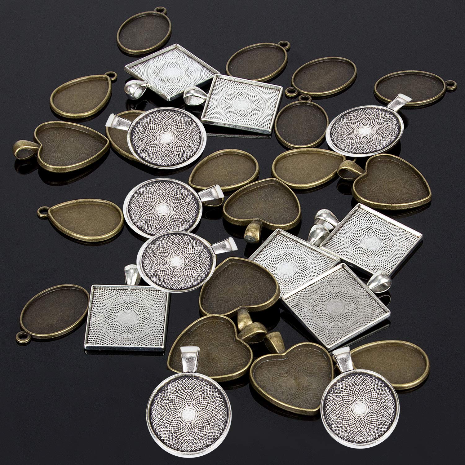 Kit de moldes de joyería de resina para hacer bandejas colgantes con 30 colgantes de metal de 5 estilos y 1 molde de fundición de epoxi de silicona para colgantes, manualidades, regalos de 7