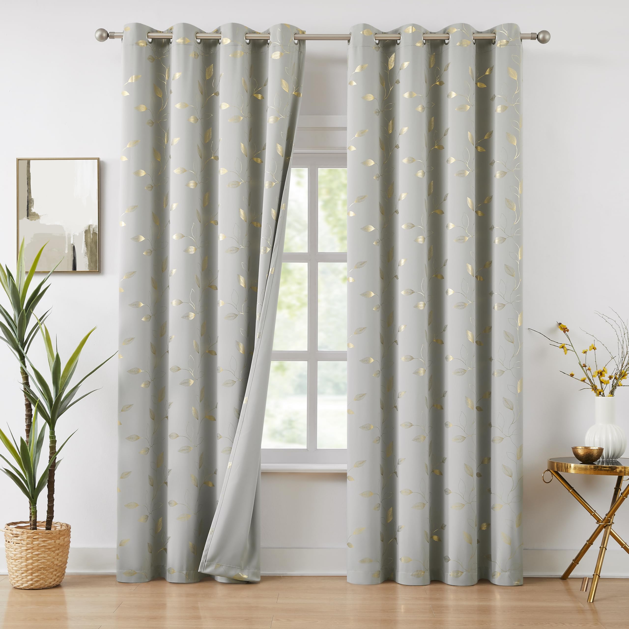 Bujasso Grey Leaf Full Blackout Curtains 54 inch 2 Panels Set Gold Print Patterned Drapes for Bedroom Living Room Thermal Insulated Room Darkening Window Treatment Grommet Top W52xL54 - Image 2