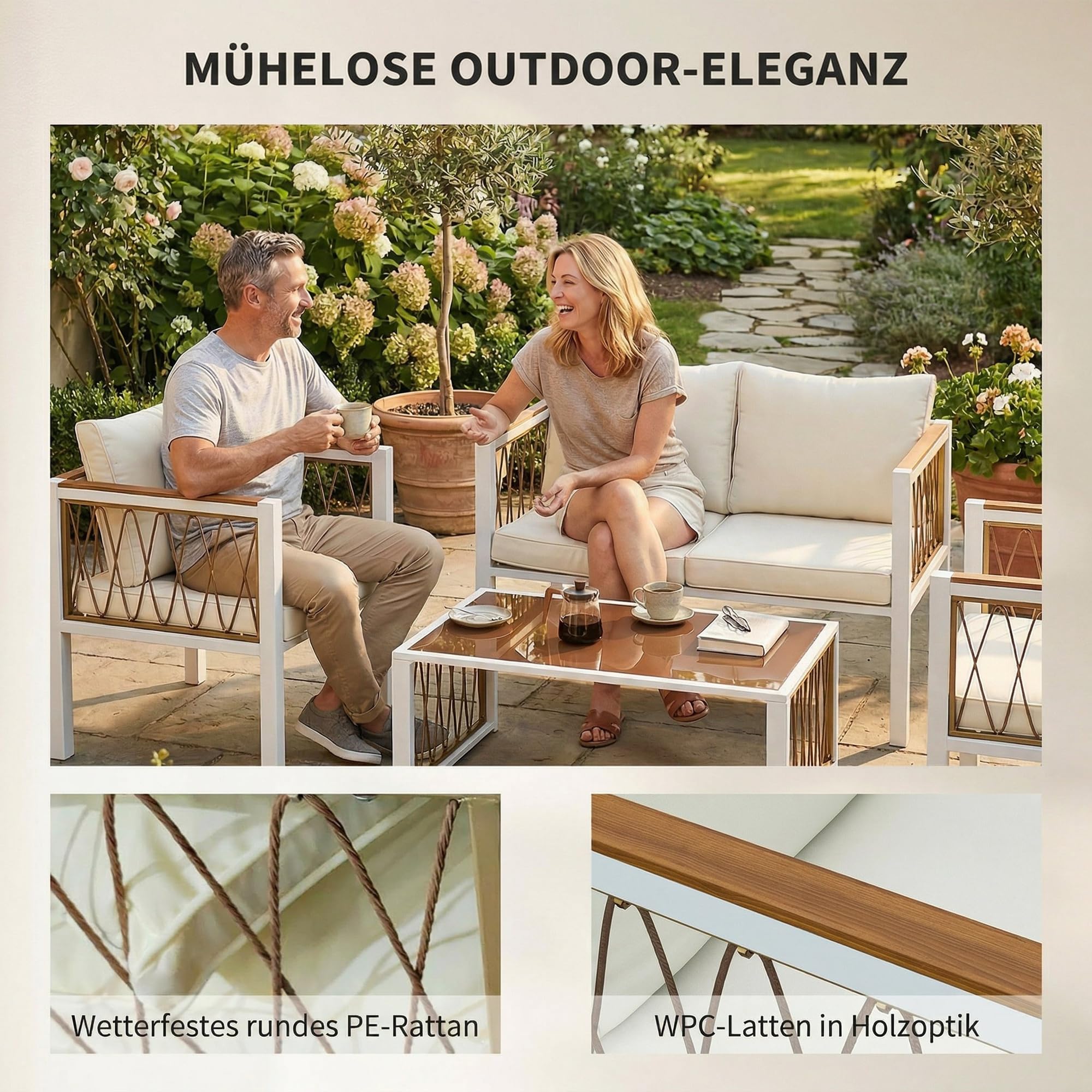 Outsunny Gartenmöbel Set 4-Teilig Polyrattan für 4 Personen Cremeweiß | Lounge-Set mit Zweisitzer, 2 Sessel, Glastisch, Abnehmbare Kissen, Rutschfeste Matte, Balkonmöbel Sitzgruppe