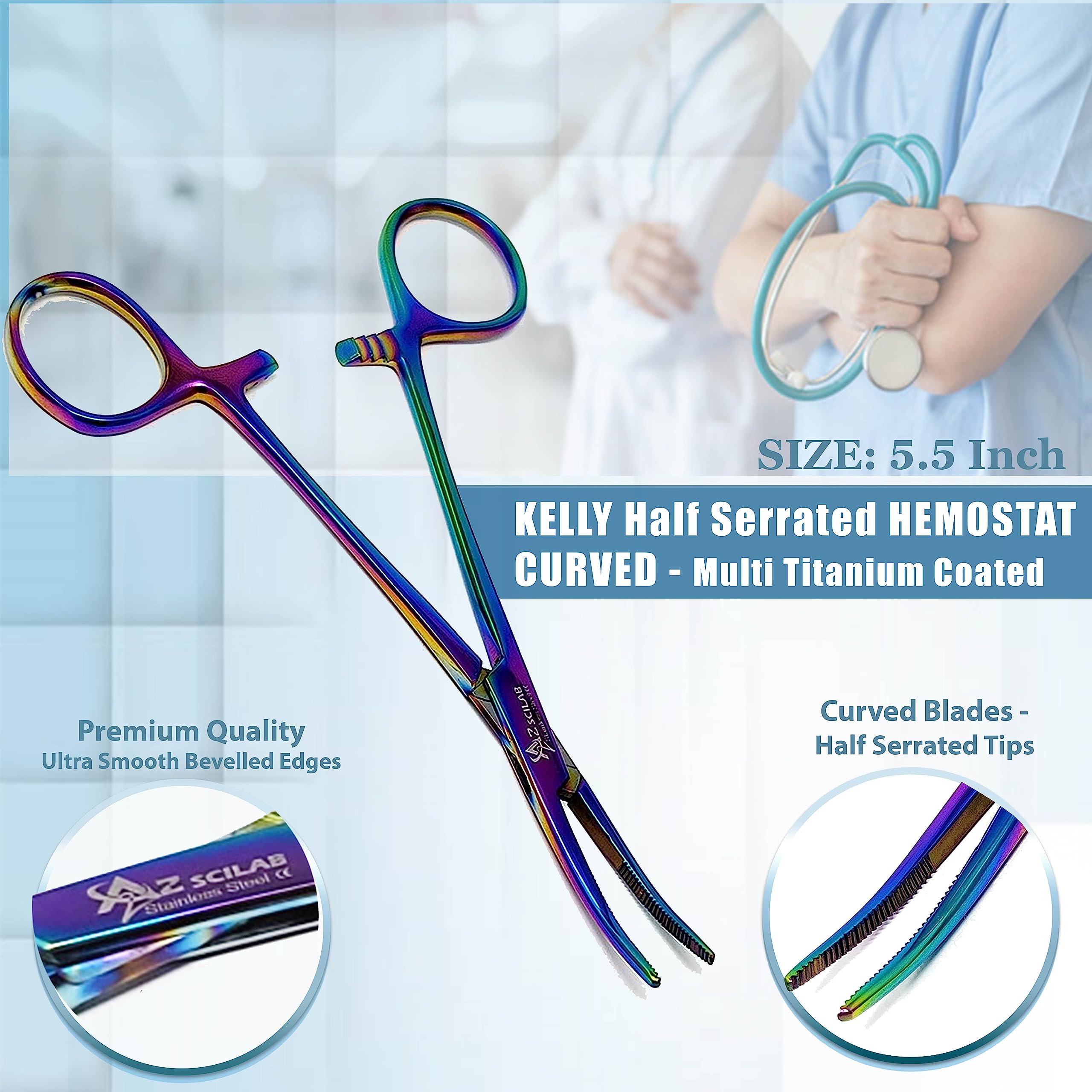 Kelly Hämostat-Pinzetten, 14 cm, gerade und gebogen, Premium-Qualität, Edelstahl, mit halbgezackten Backen, mehrfarbig, 2 Stück