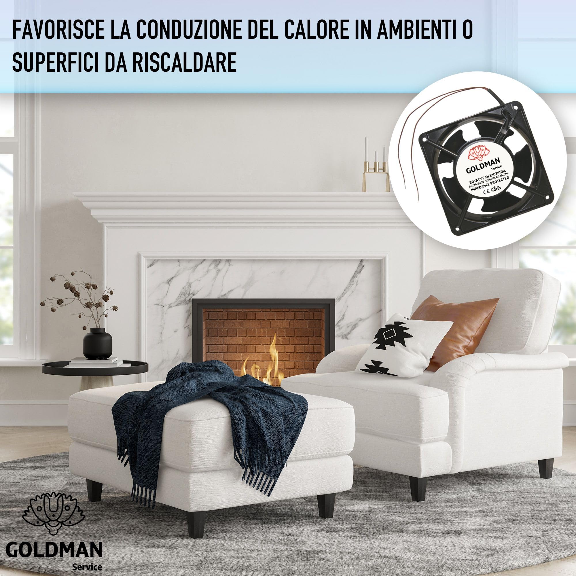 GOLDMAN SERVICE | Ventola Assiale ad Alta Temperatura con Griglia e Filtro per Inserti da Camino | Silenziosa con Pale Metalliche Potenti | Dimensioni: 120×120×38 mm (23 W)