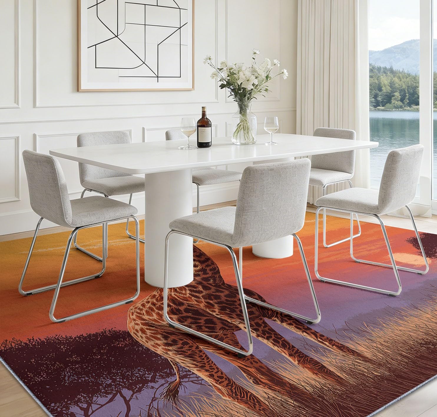 Teppich Wohnzimmer Modern Sonnenuntergangsgiraffe 80x150cm Waschbarer Kurzflor Teppich rutschfest Weich für Flur, Schlafzimmer und Büro, Wohndekoration