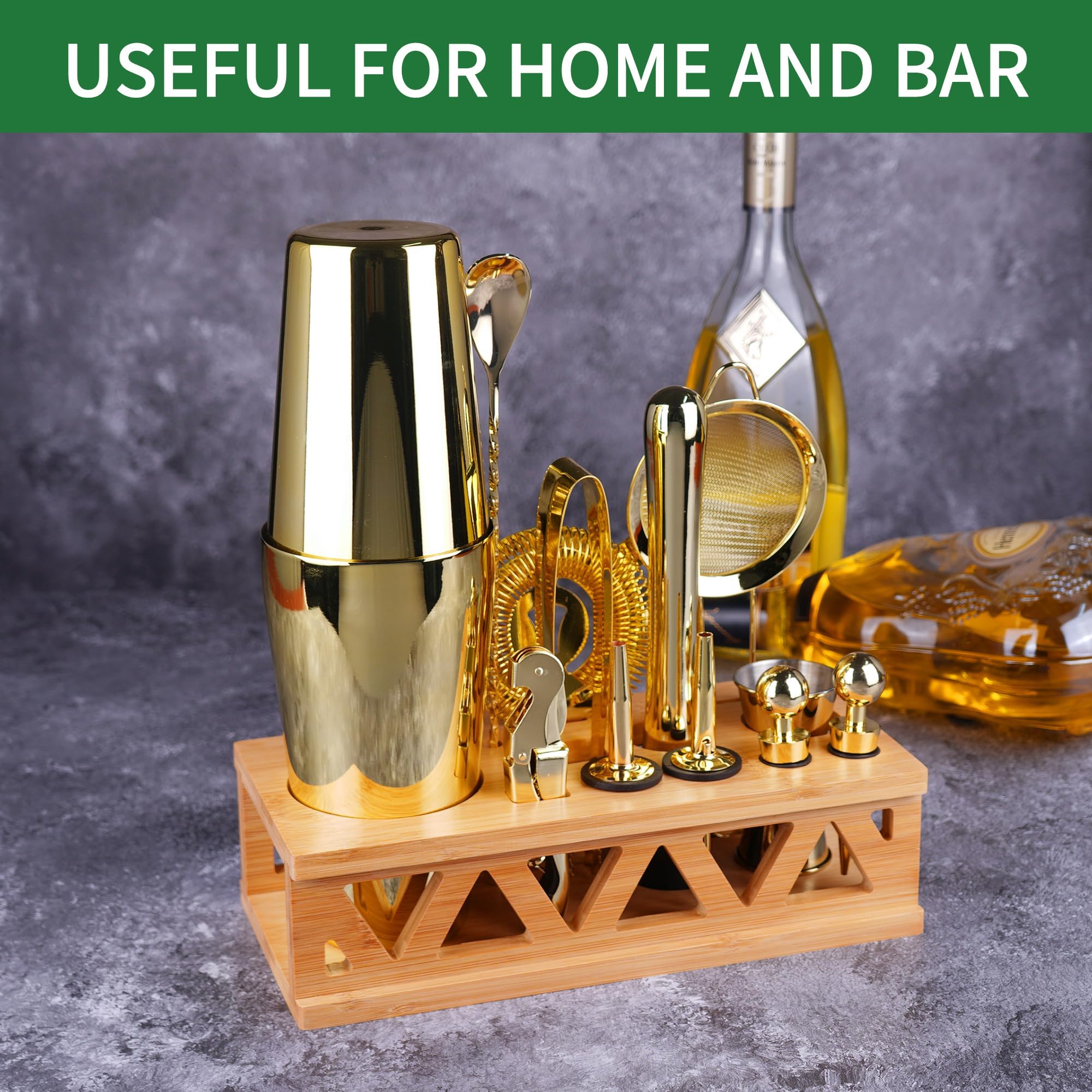 Kit de barman con soporte giratorio de bambú, juego de coctelera de 11 piezas de acero inoxidable con folleto de recetas (dorado)