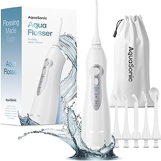 Aquasonic Aqua Flosser - Hilo dental de agua recargable profesional con 4 puntas - Irrigador oral con 3 modos - Hilo dental portátil e inalámbrico - Niños y aparatos ortopédicos - Recomendado por dentistas