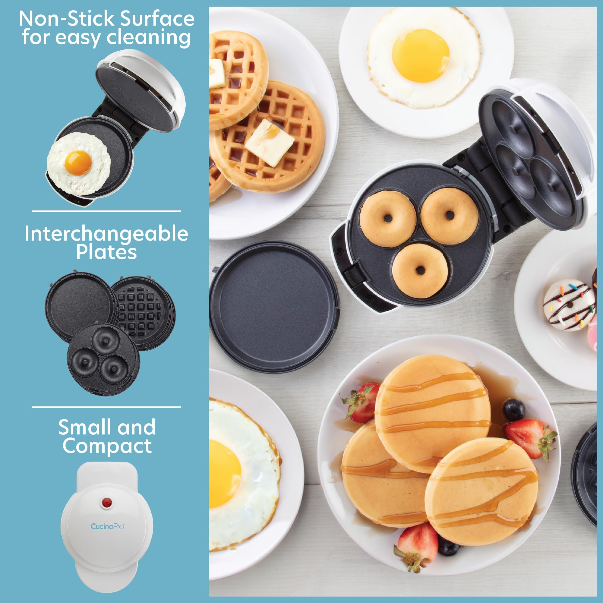 3 in 1 Mini Breakfast Maker- Make Mini Waffles Donuts Pancakes or Eggs all in 1 Multi Use Appliance- Easily Swap & Clean Interchangeable Griddle Plates- Small Electric Nonstick Baker for Any Occasion