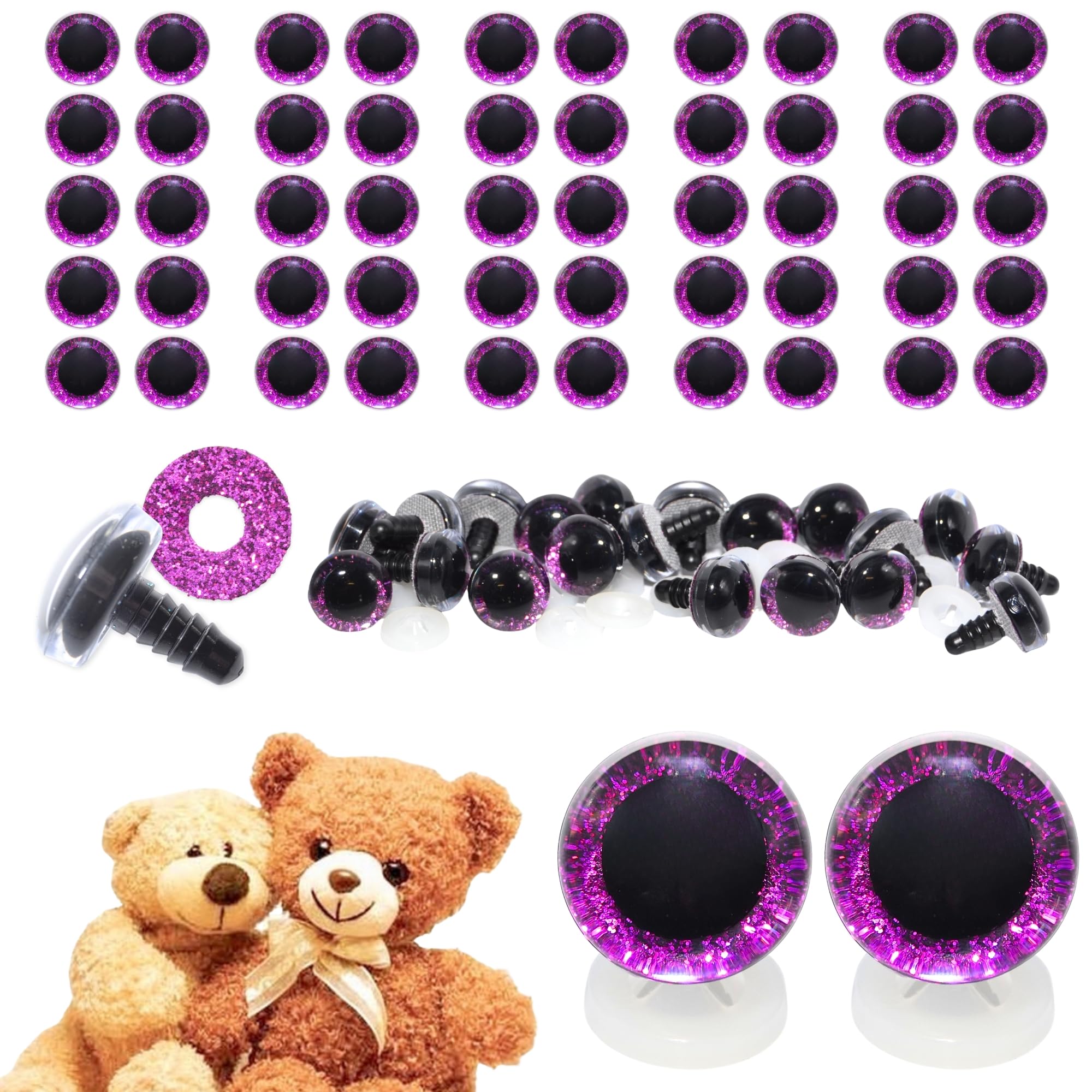 celloexpress 16mm Purple 3D Glitter Eyes with Plastic Backs - Sparkle Safety Eyes for Soft Toy Teddy Bear Animal Making (Pack of 25 Pairs)