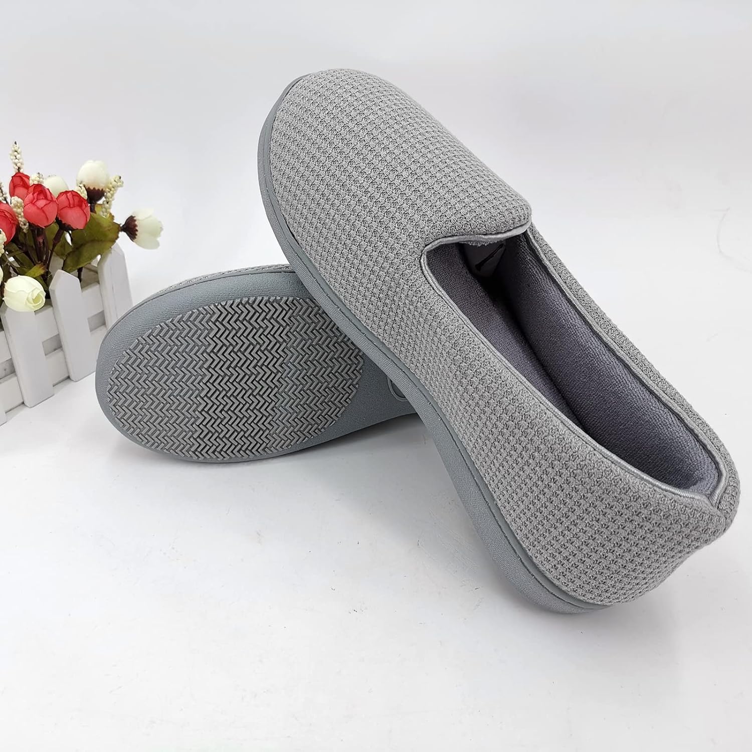 ofoot Womens Comfortable Memory Foam House Slippers Indoor Flat Shoes With Back Cotton Terry Cloth Lining Non Slip Soles