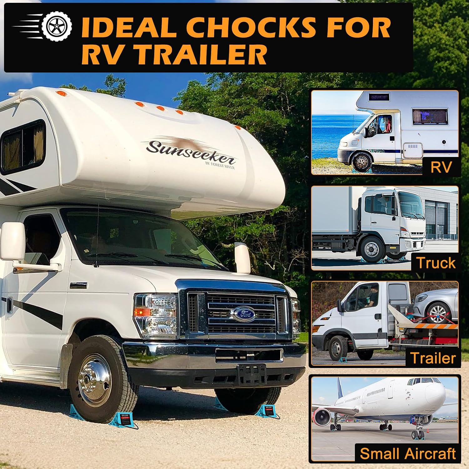 Wheel Chocks 4-Pack, Hard Plastic RV Tire Chocks with Rope for Easy Removal, Non-Slip Wheel Stoppers Block for Trailers, Trucks, Ramps, Workshops and Uneven Ground