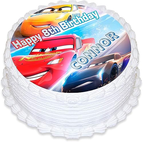 Cars Lightning McQueen - Decoración comestible para tarta, diseño de hoja de cumpleaños, decoración de fiesta, redonda