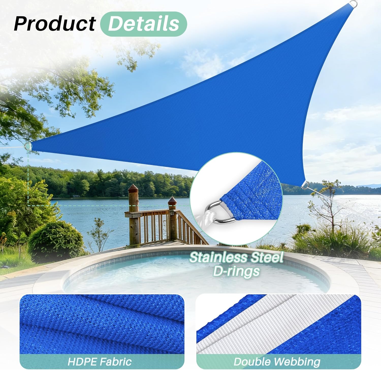 SunnyRoyal Sun Shade Sail 16' x 16' x 16' Triangle UV Block Sunshade Canopy Awning Shade Cloth for Outdoor Patio Garden Swimming Pool (Blue)