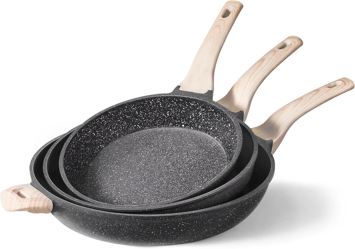 CAROTE Non Stick Frying Pans,Nonstick Granite Fry Pan Egg Pan Omelet Pans, Stone Cookware Chef’s Pan, PFOA Free,(Black Granite, 8″+10″+12”)