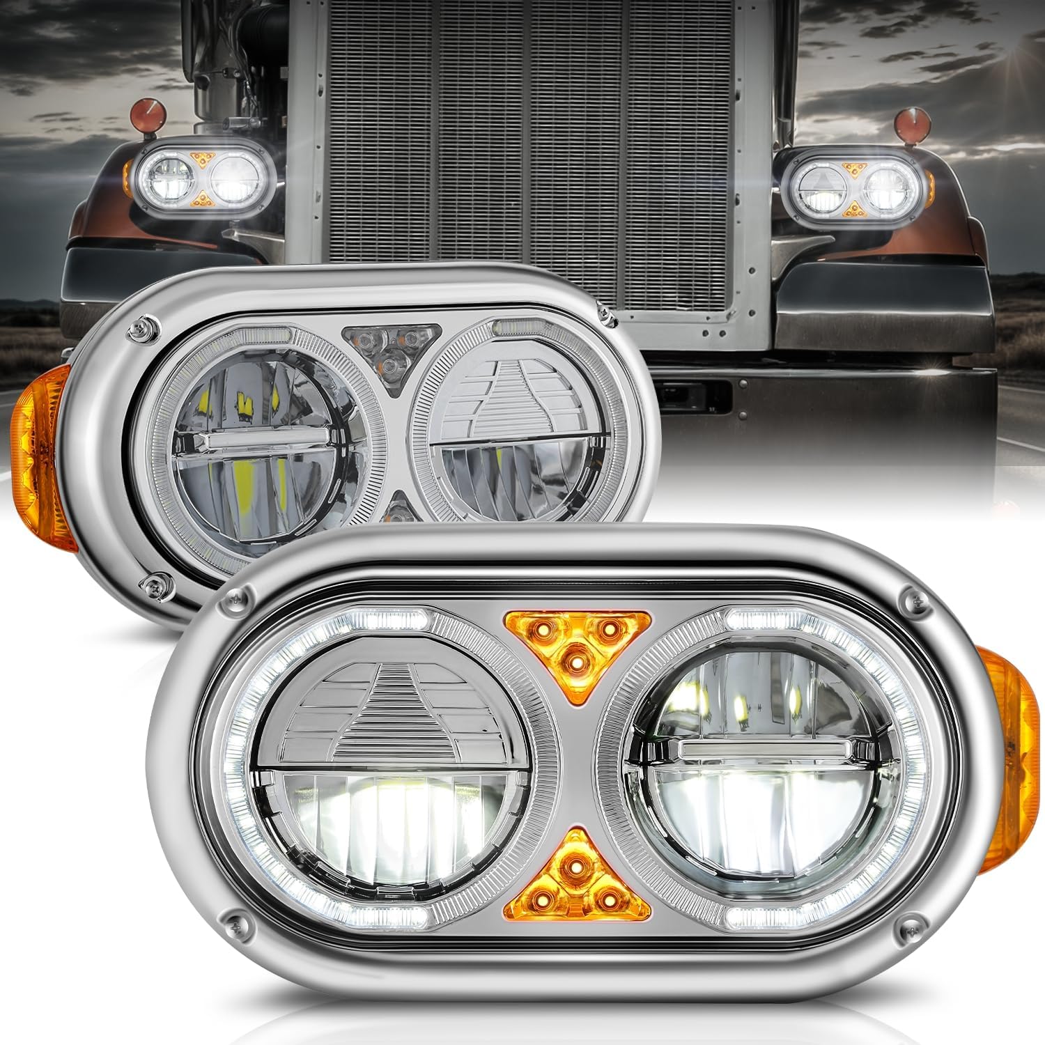 Auto Dynasty Headlight Assembly Compatible with 1981-2021 Peterbilt 359 379 389, Full LED Reflector Conversion, Driver Passenger Side, Chrome