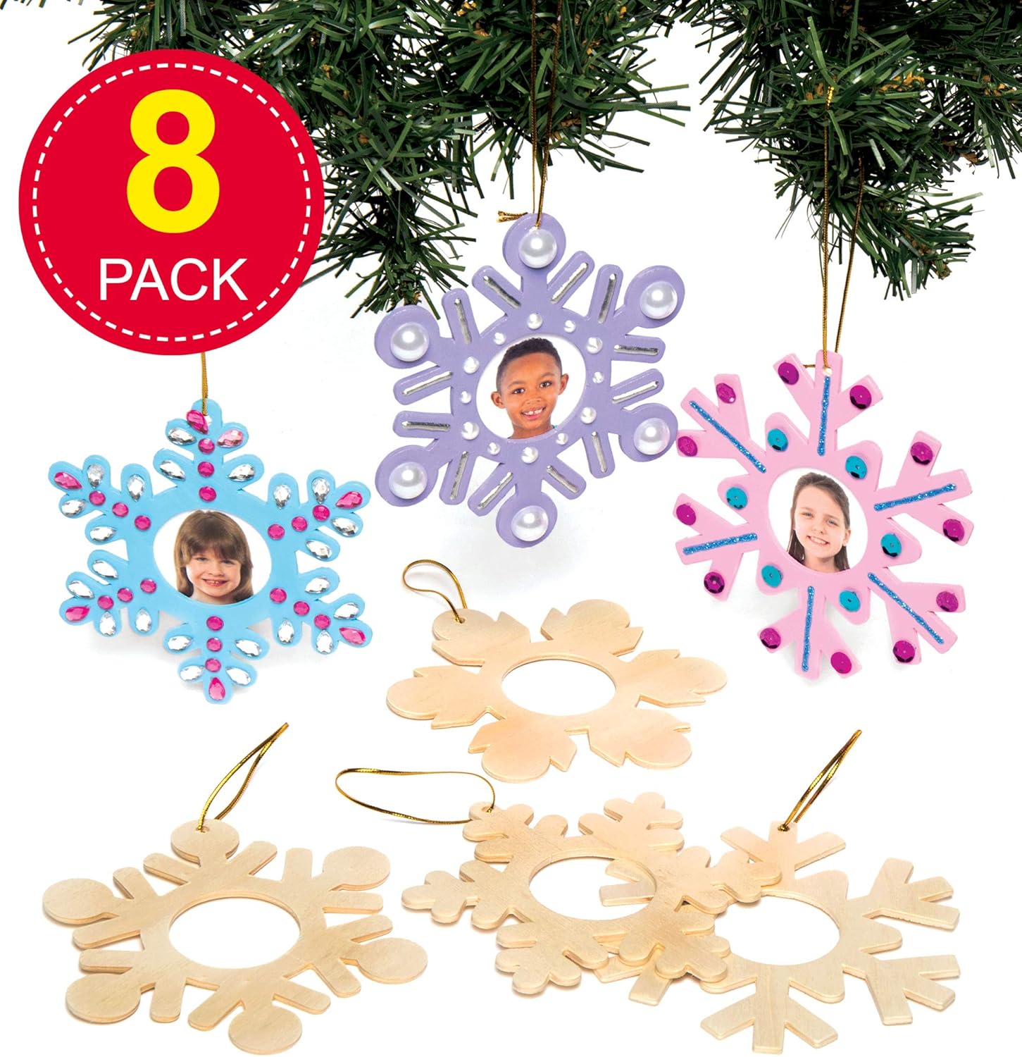 Baker Ross AC278 Wooden Snowflake - Pack of 8, Personalised Christmas Decorations, Homemade Christmas Crafts for Kids