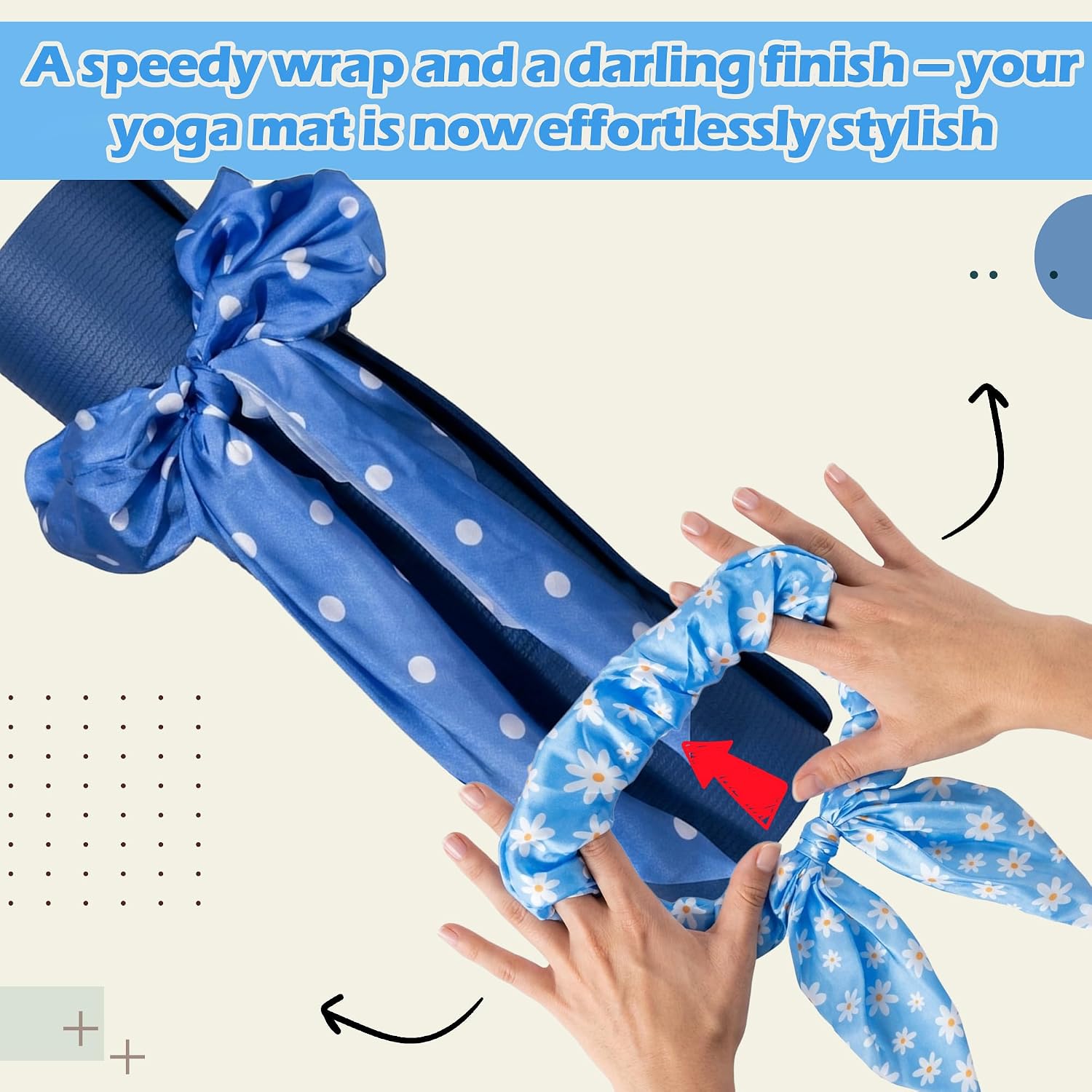 4 Pack Yoga Mat Scrunchie, Fits Standard Mats (Blue & White) | 2-in-1 Mat Strap and Hair Tie, Stretchy Elastic Fabric for Gym, Home Workout, Fitness Lovers Gift (Mat Not Included)