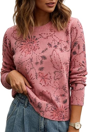MINSURE Womens Floral Print Sweater Crew Neck Long Sleeve Soft Knit Pullover Tops for 2026 Spring Casual Wear