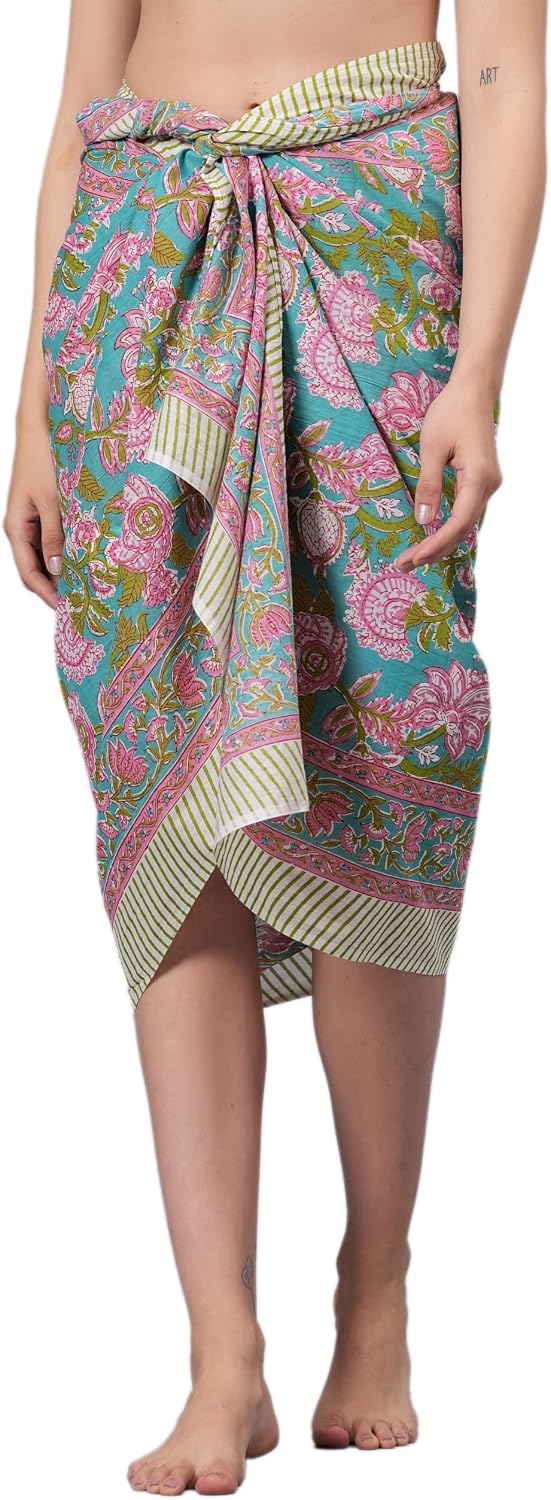 100% Cotton Hand Block Print Sarong Womens Swimsuit Wrap Cover Up Long